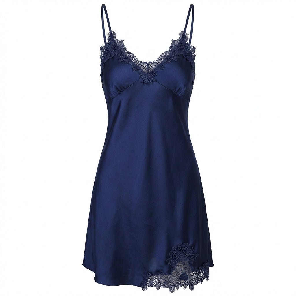 Navy Satin Lace Trim V-Neck Chemise - MARELIA