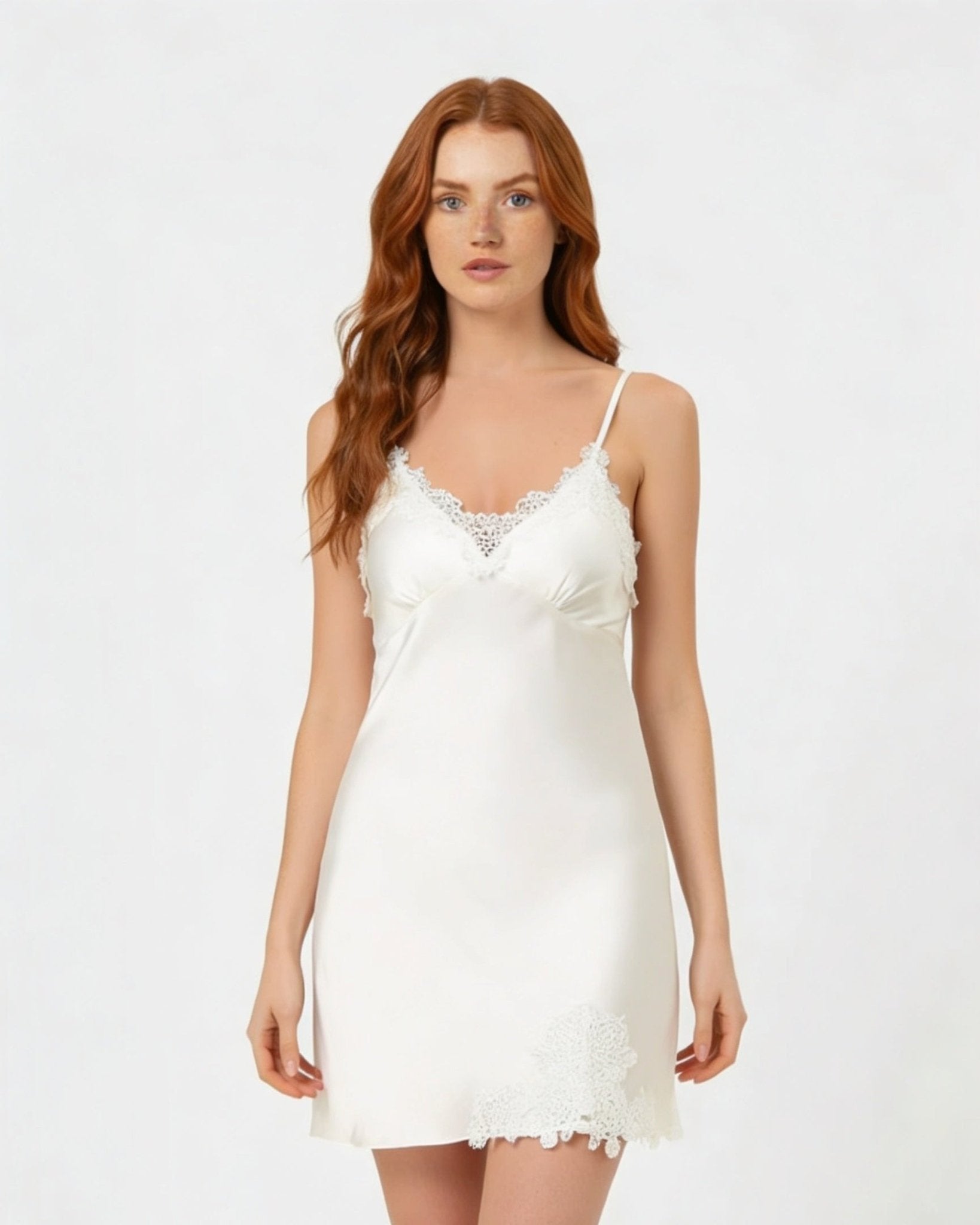 White Satin Lace Trim V-Neck Chemise - MARELIA