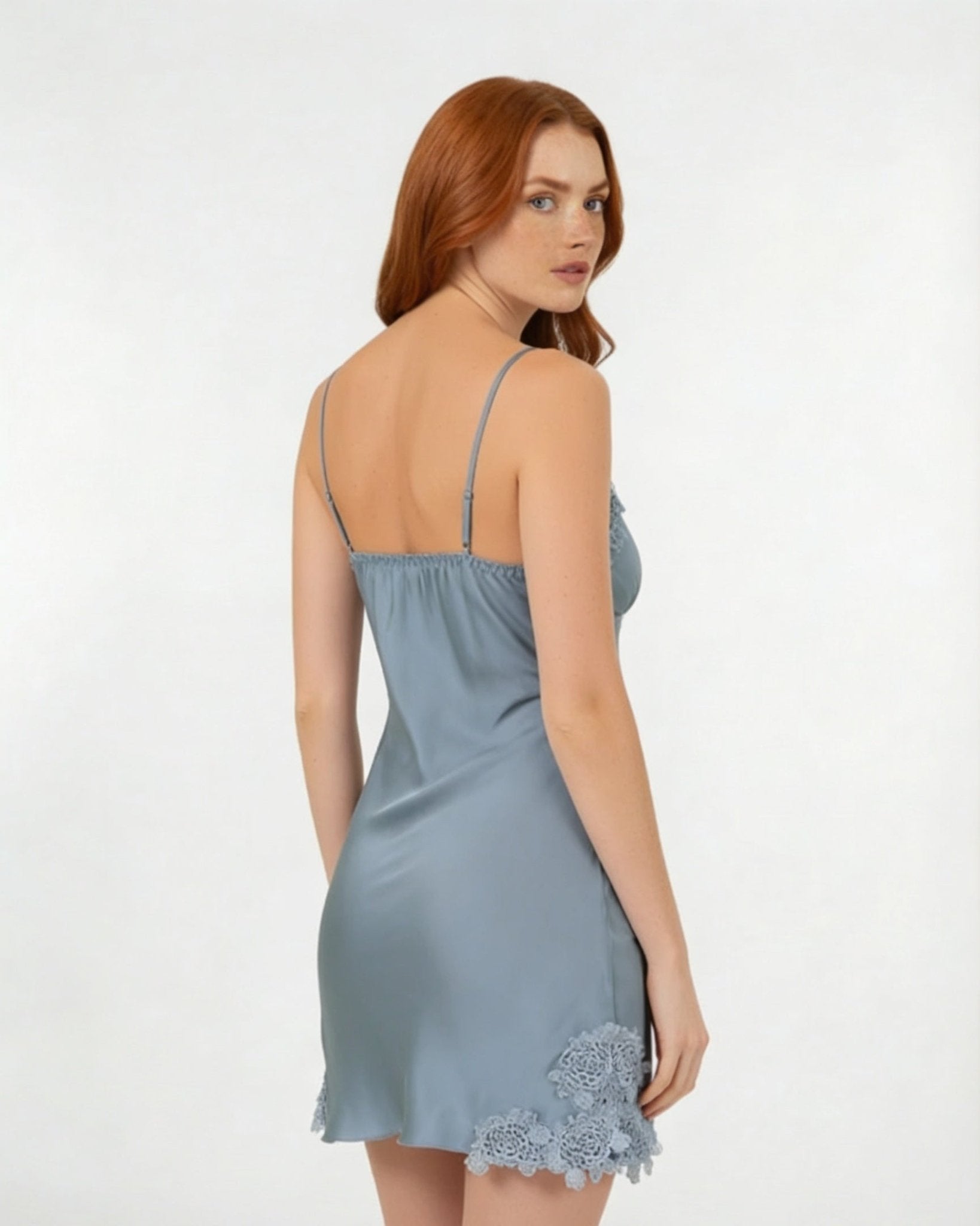 Dusty Blue Satin Lace Trim V-Neck Chemise - MARELIA