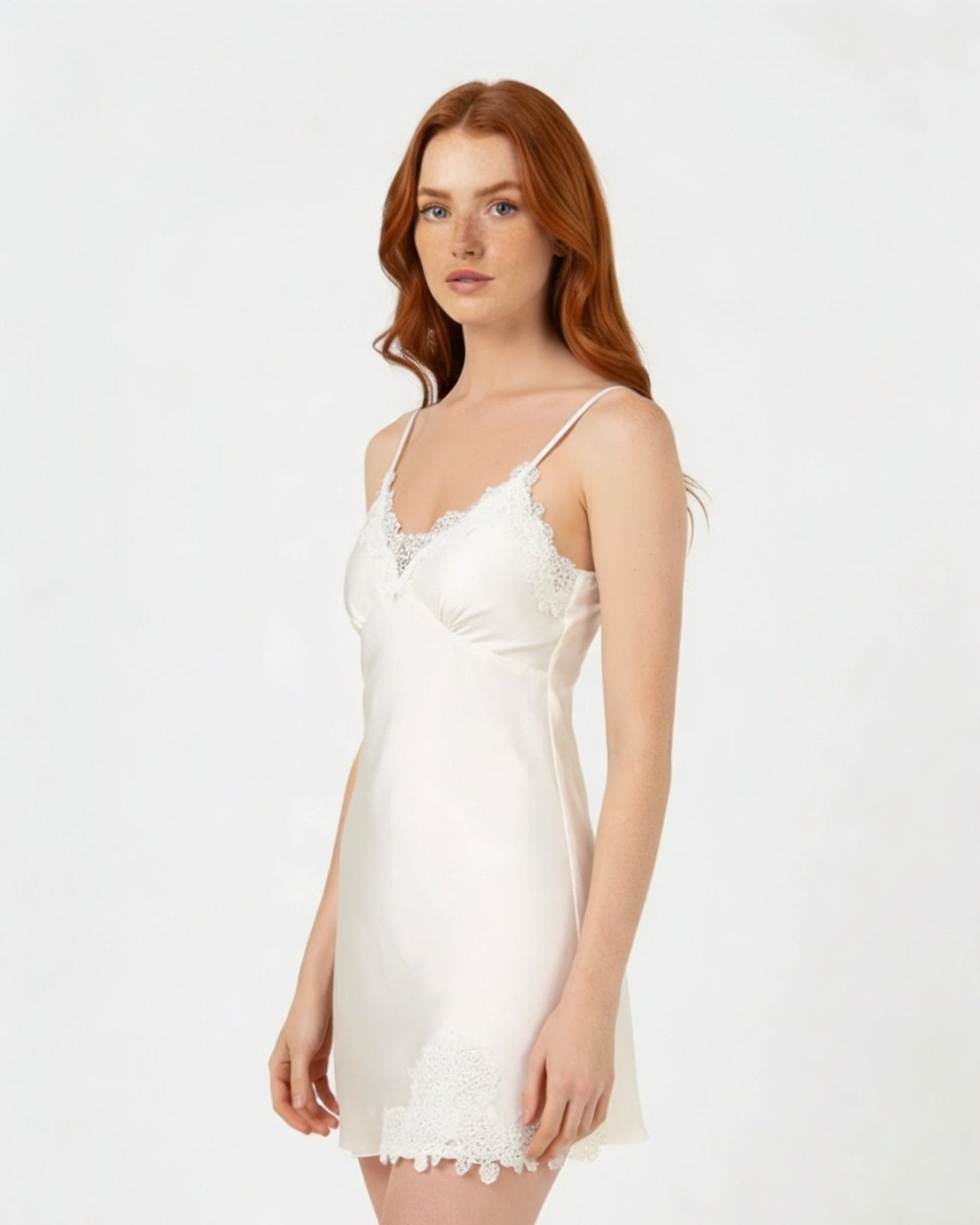 White Satin Lace Trim V-Neck Chemise - MARELIA