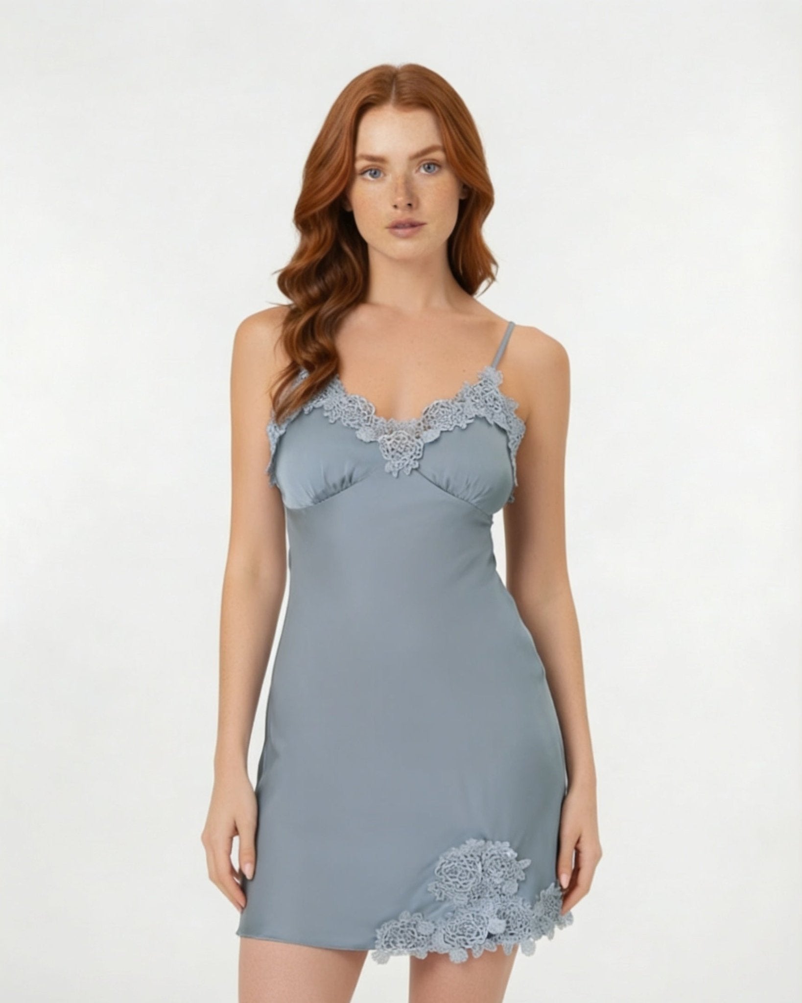 Dusty Blue Satin Lace Trim V-Neck Chemise - MARELIA