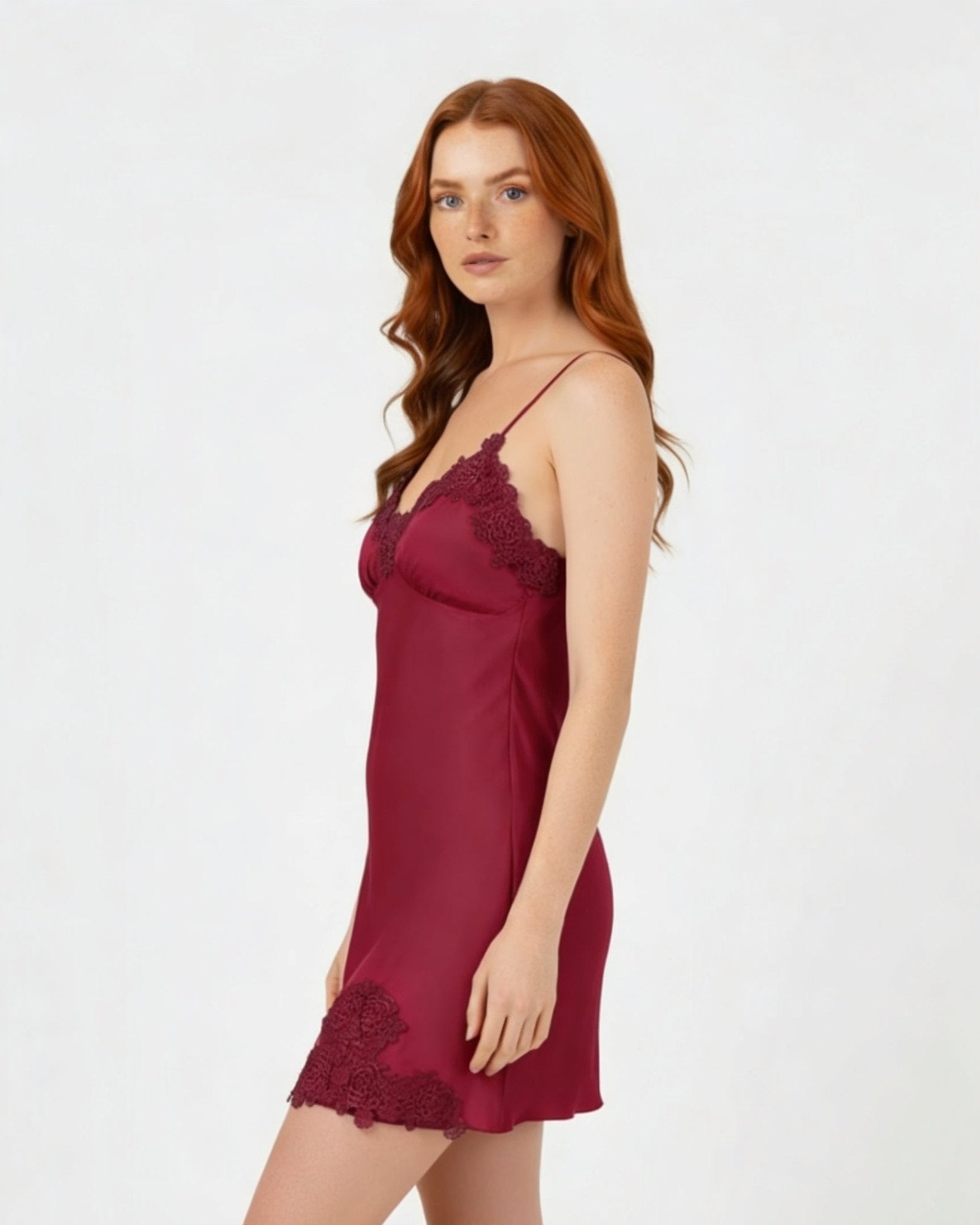 Burgundy Satin Lace Trim V-Neck Chemise - MARELIA