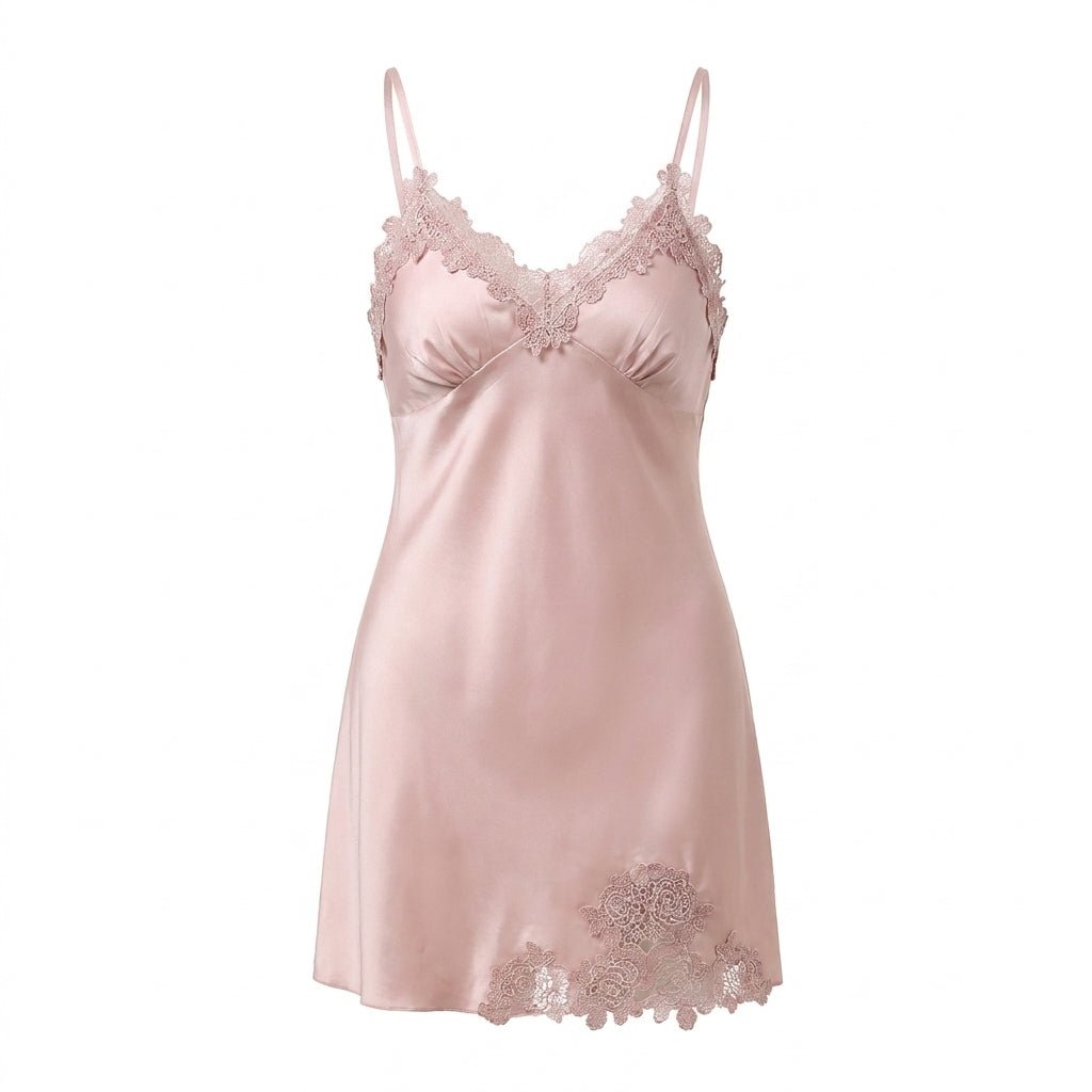 Pink Satin Lace Trim V-Neck Chemise - MARELIA