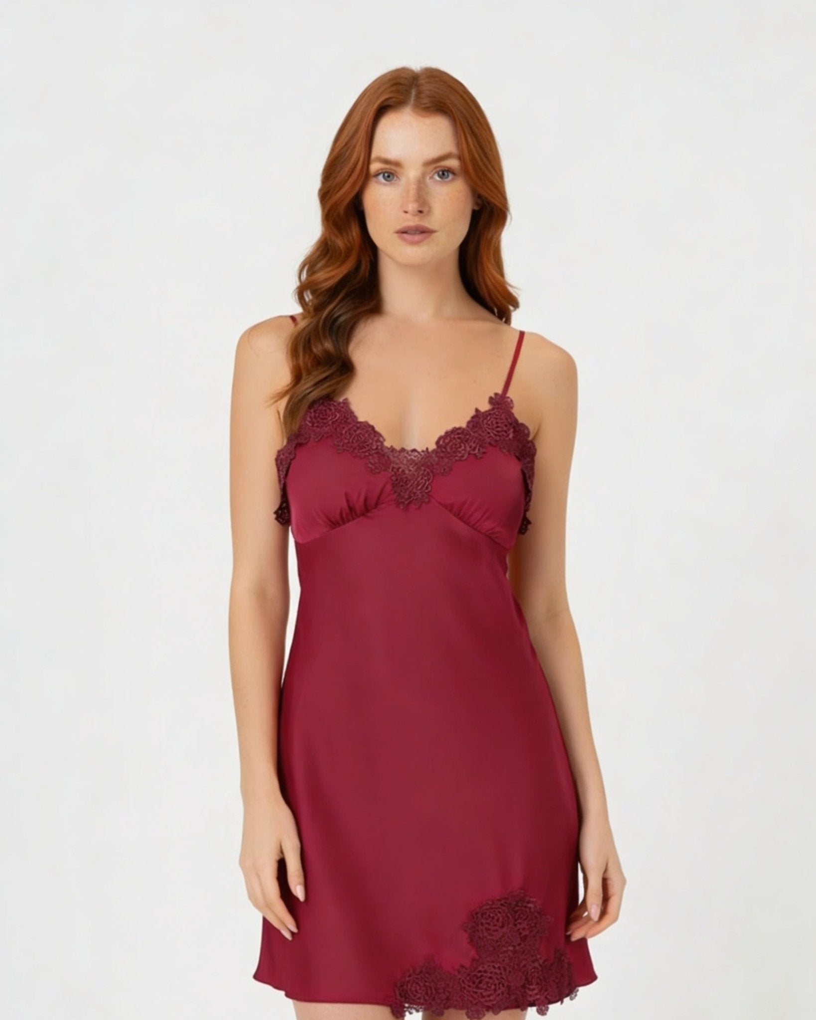 Burgundy Satin Lace Trim V-Neck Chemise - MARELIA