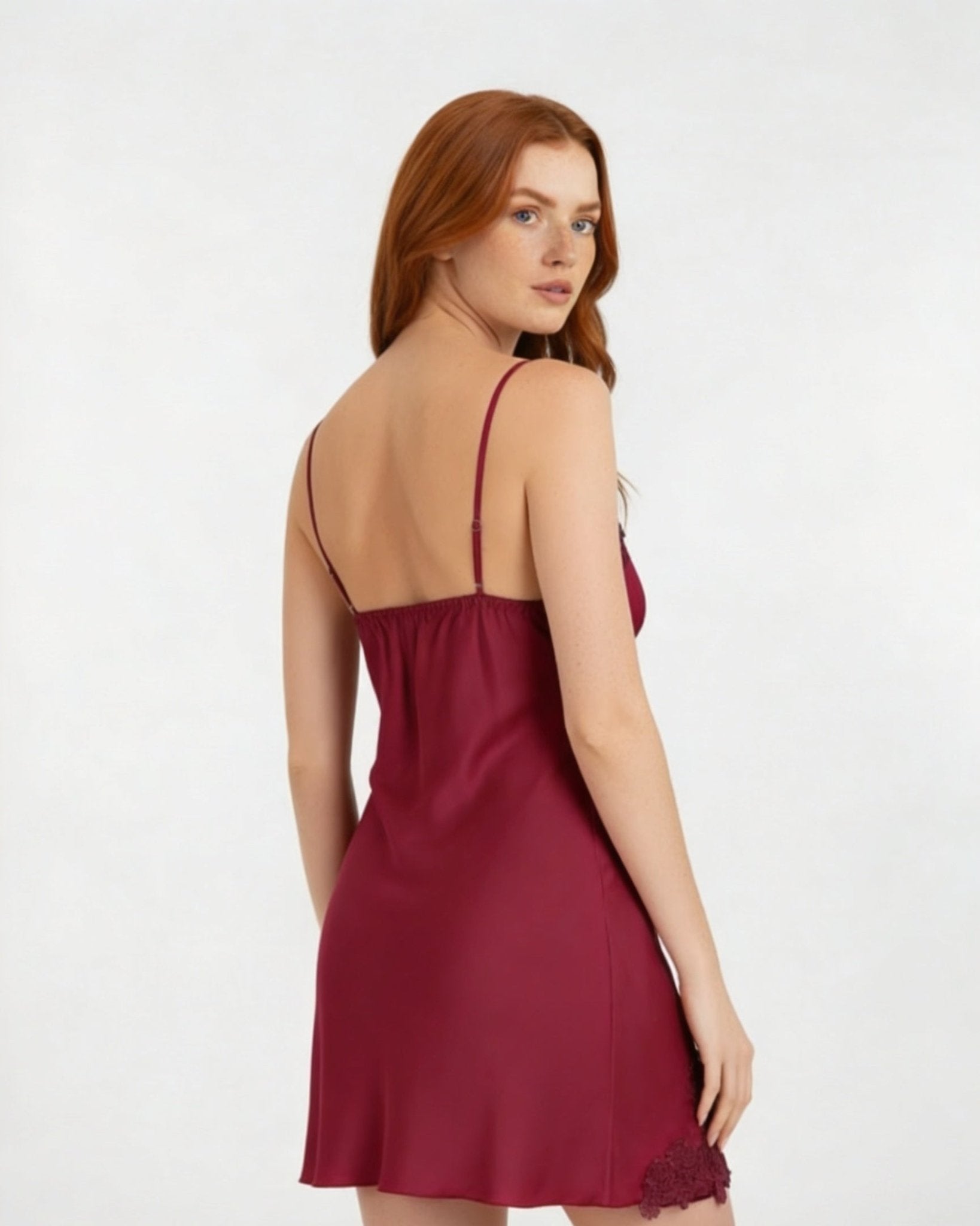 Burgundy Satin Lace Trim V-Neck Chemise - MARELIA