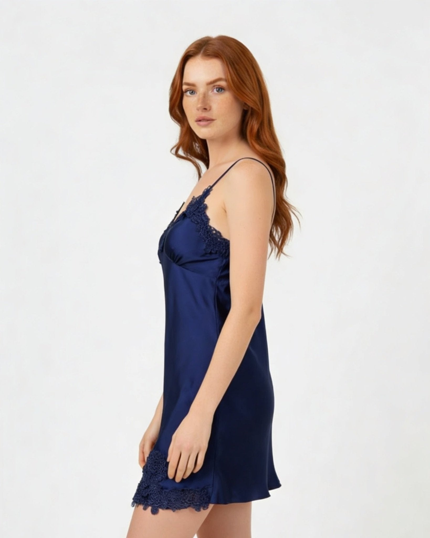 Navy Satin Lace Trim V-Neck Chemise - MARELIA