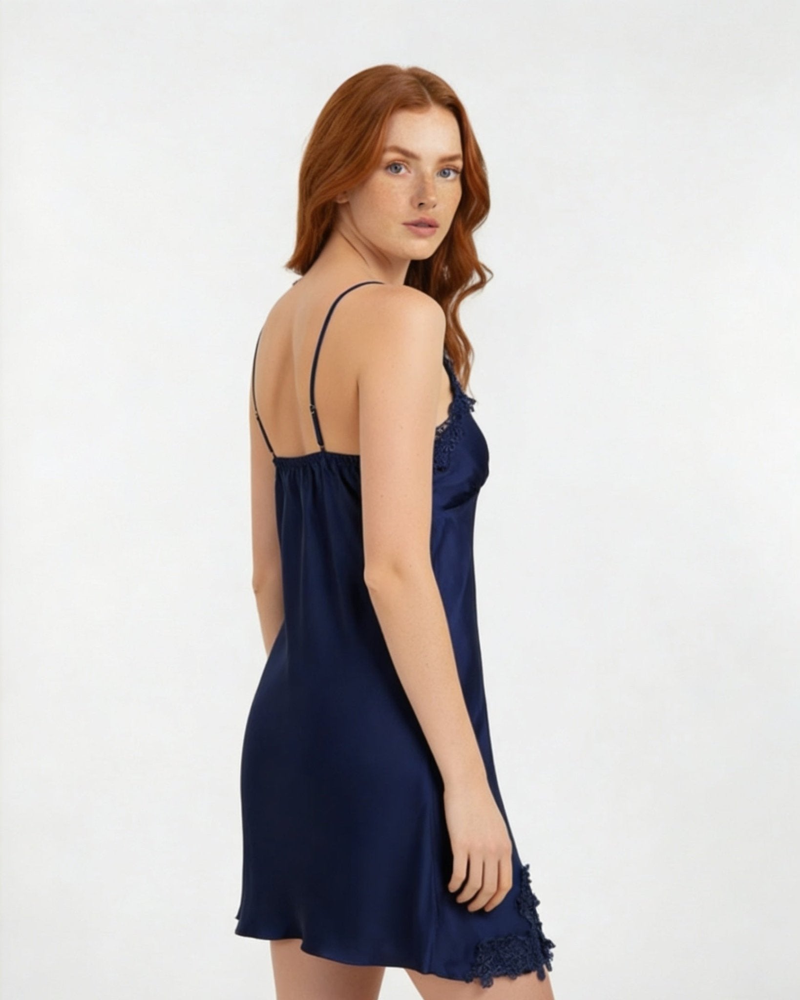 Navy Satin Lace Trim V-Neck Chemise - MARELIA