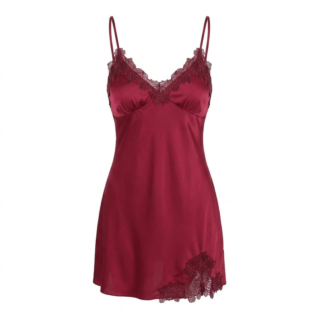 Burgundy Satin Lace Trim V-Neck Chemise - MARELIA