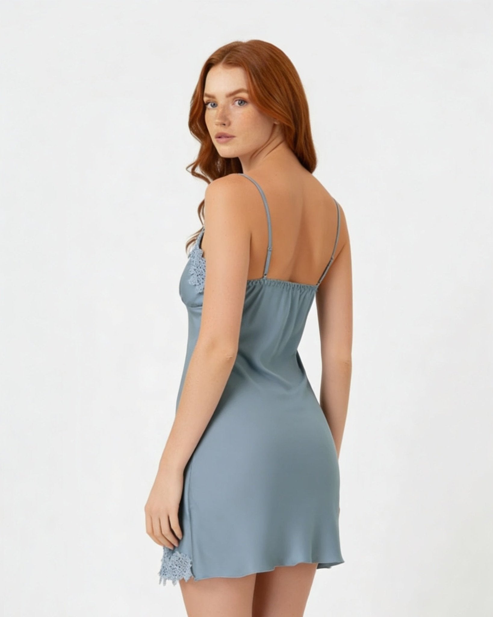 Dusty Blue Satin Lace Trim V-Neck Chemise - MARELIA