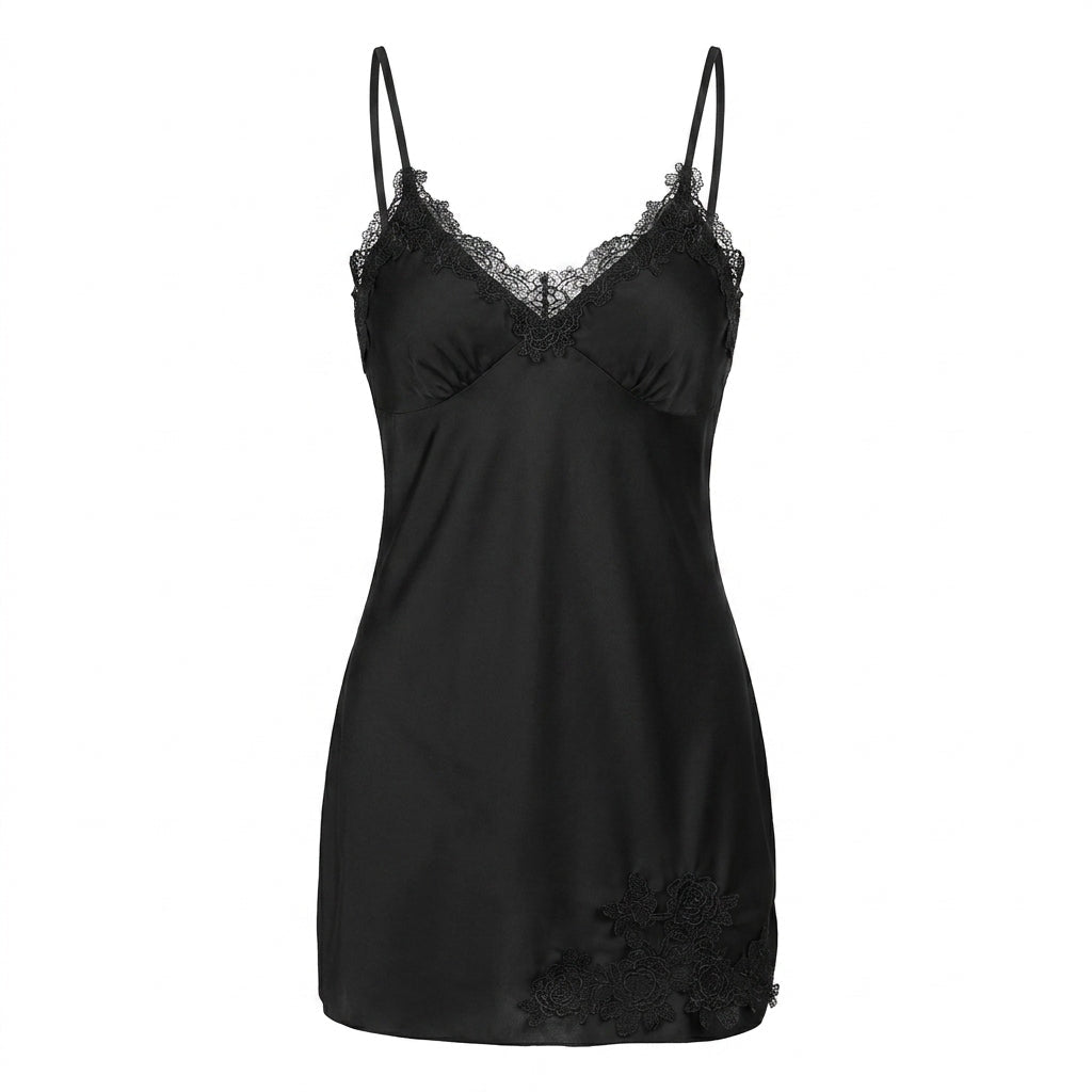 Black Satin Lace Trim V-Neck Chemise - MARELIA