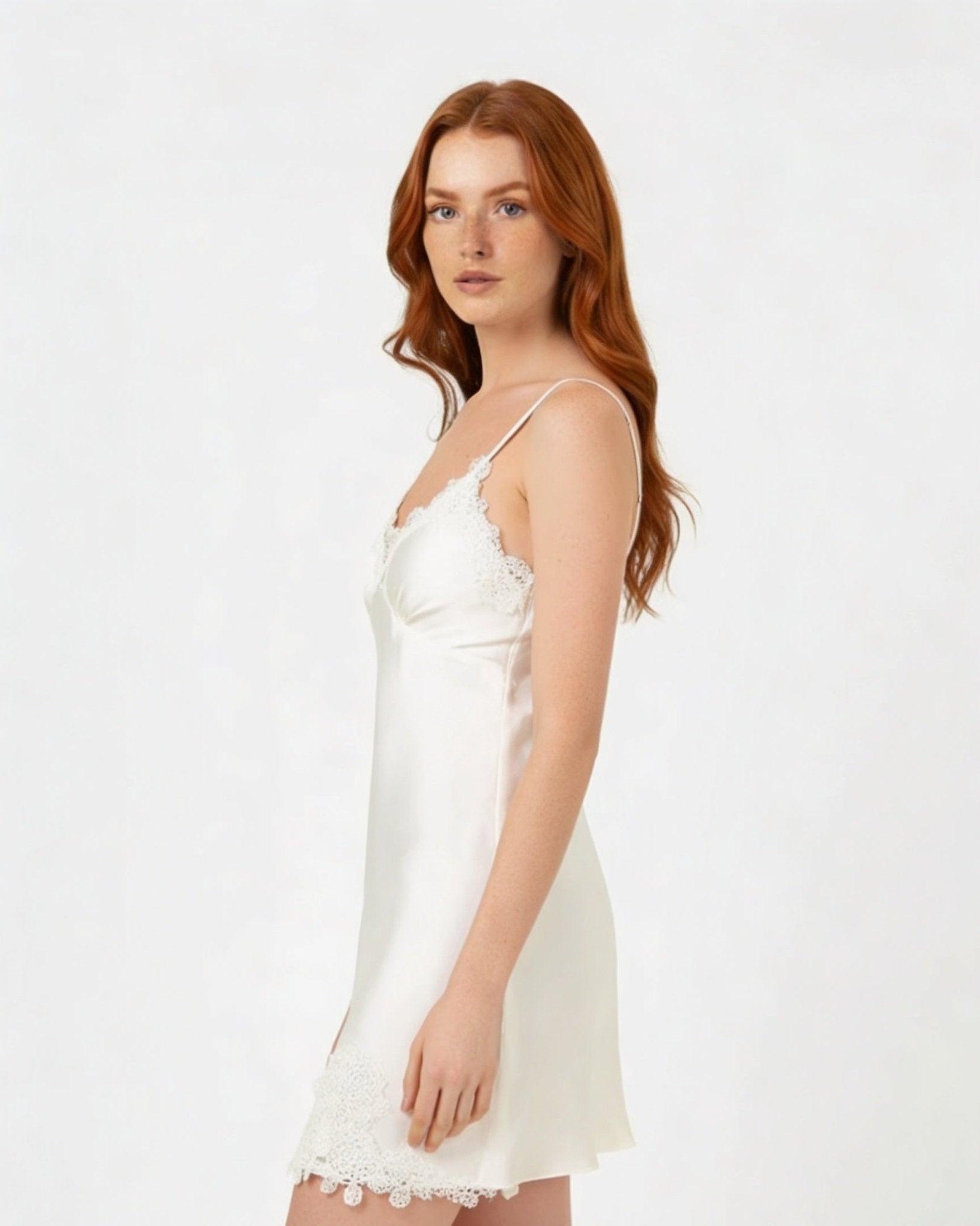 White Satin Lace Trim V-Neck Chemise - MARELIA