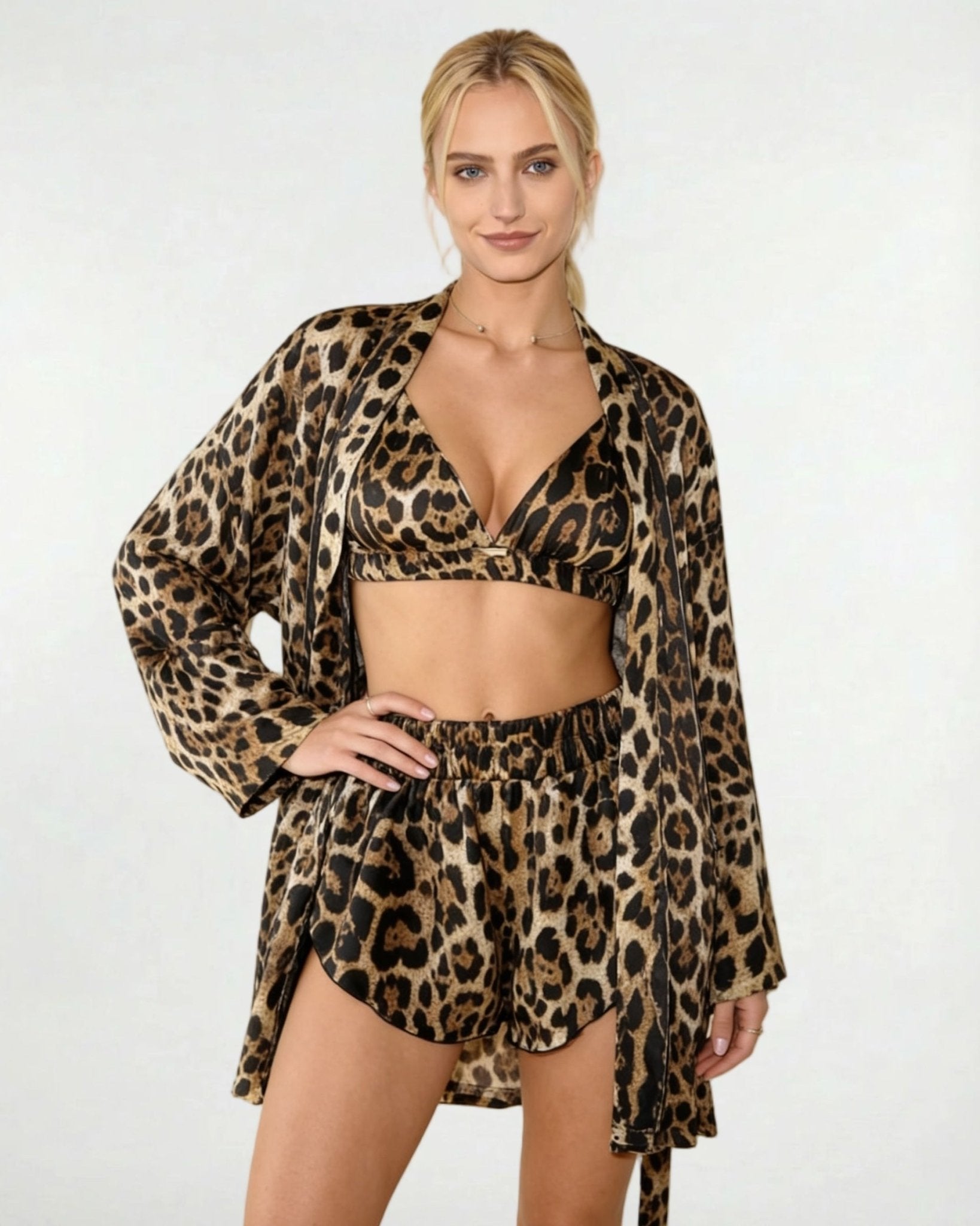 Leopard Satin Leopard Print Pyjama Set With Robe - MARELIA