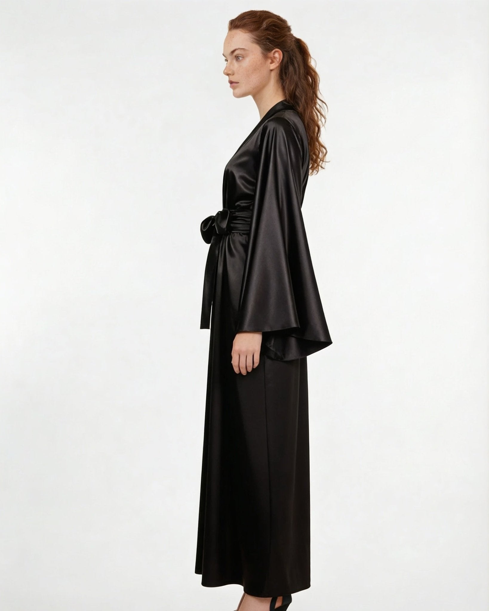 Black Satin Wrap Kimono Robe With Sash - MARELIA
