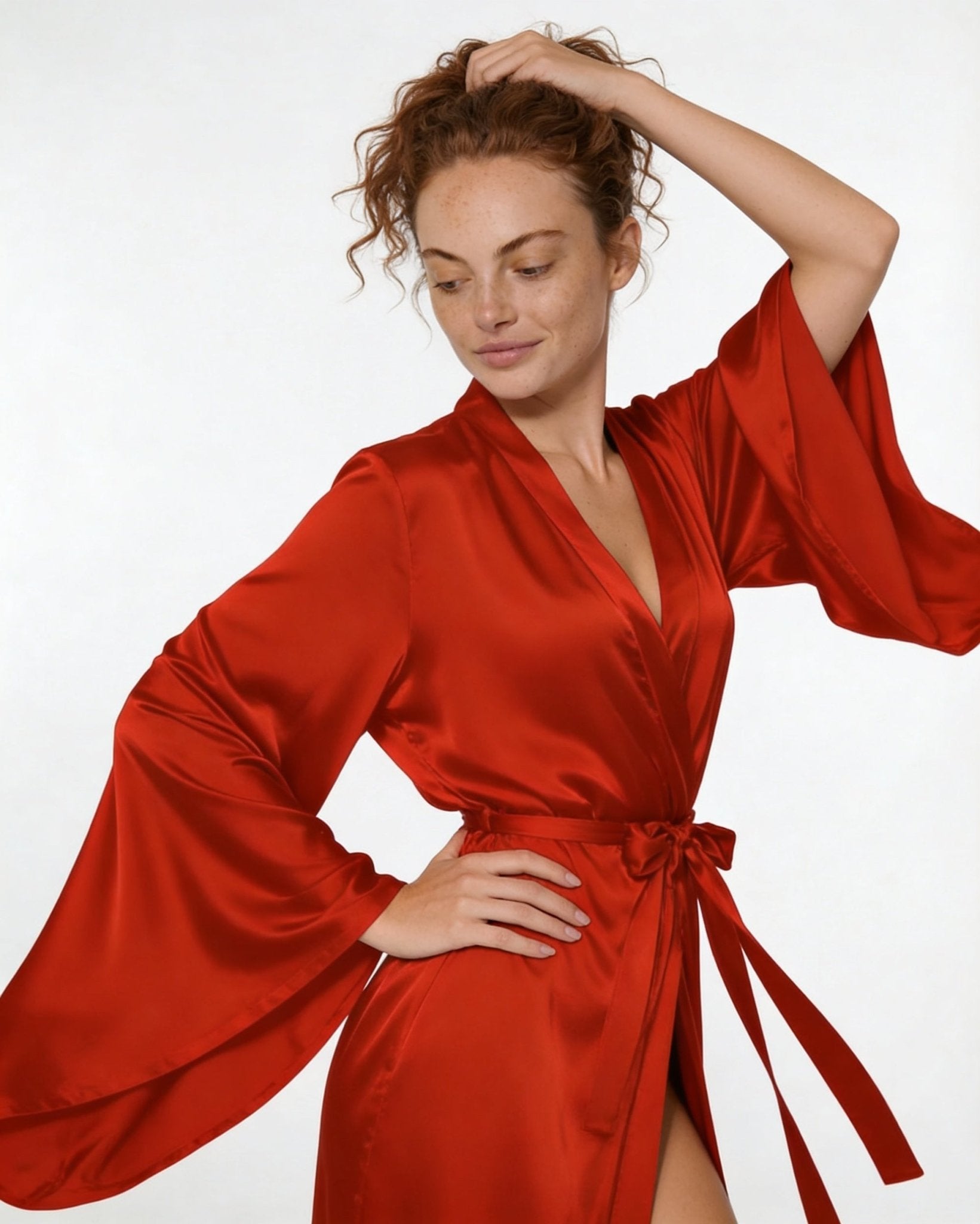 Red Satin Wrap Kimono Robe With Sash - MARELIA