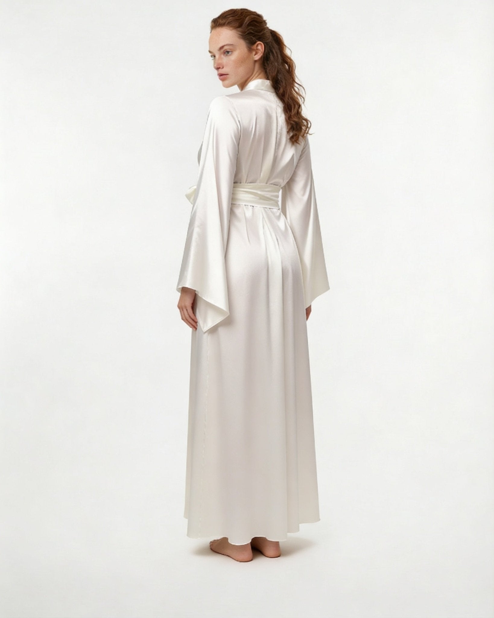 White Satin Wrap Kimono Robe With Sash - MARELIA