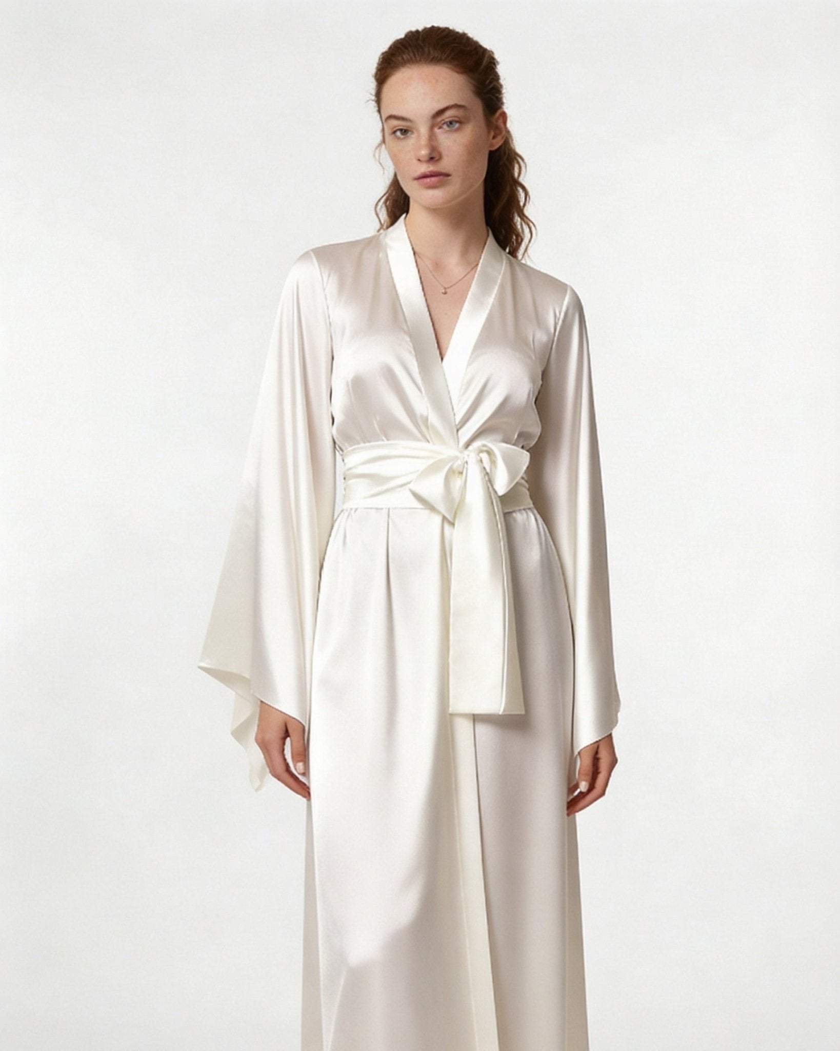 White Satin Wrap Kimono Robe With Sash - MARELIA