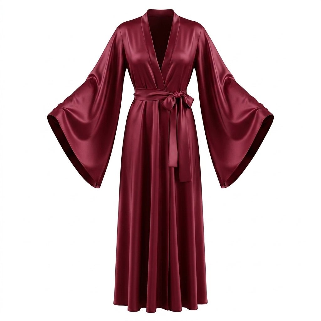 Burgundy Satin Wrap Kimono Robe With Sash - MARELIA