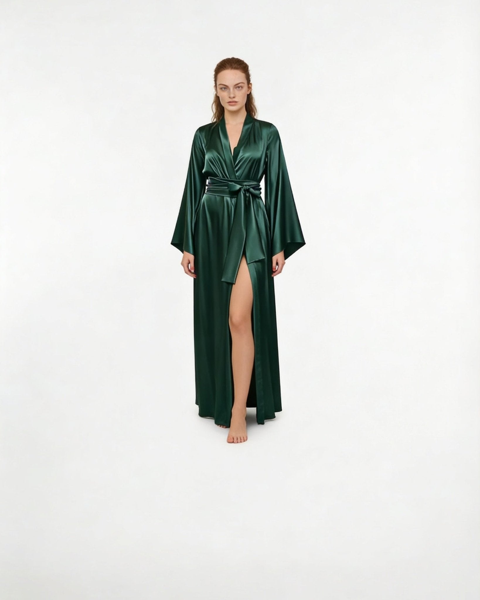 Dark Green Satin Wrap Kimono Robe With Sash - MARELIA