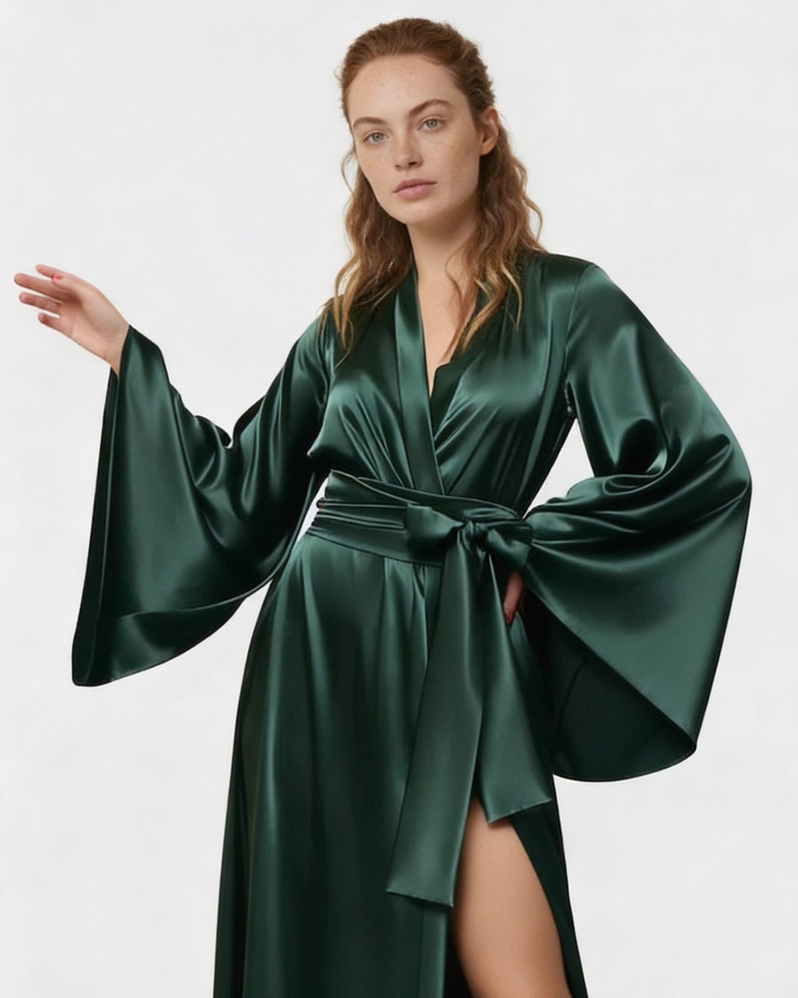 Dark Green Satin Wrap Kimono Robe With Sash - MARELIA