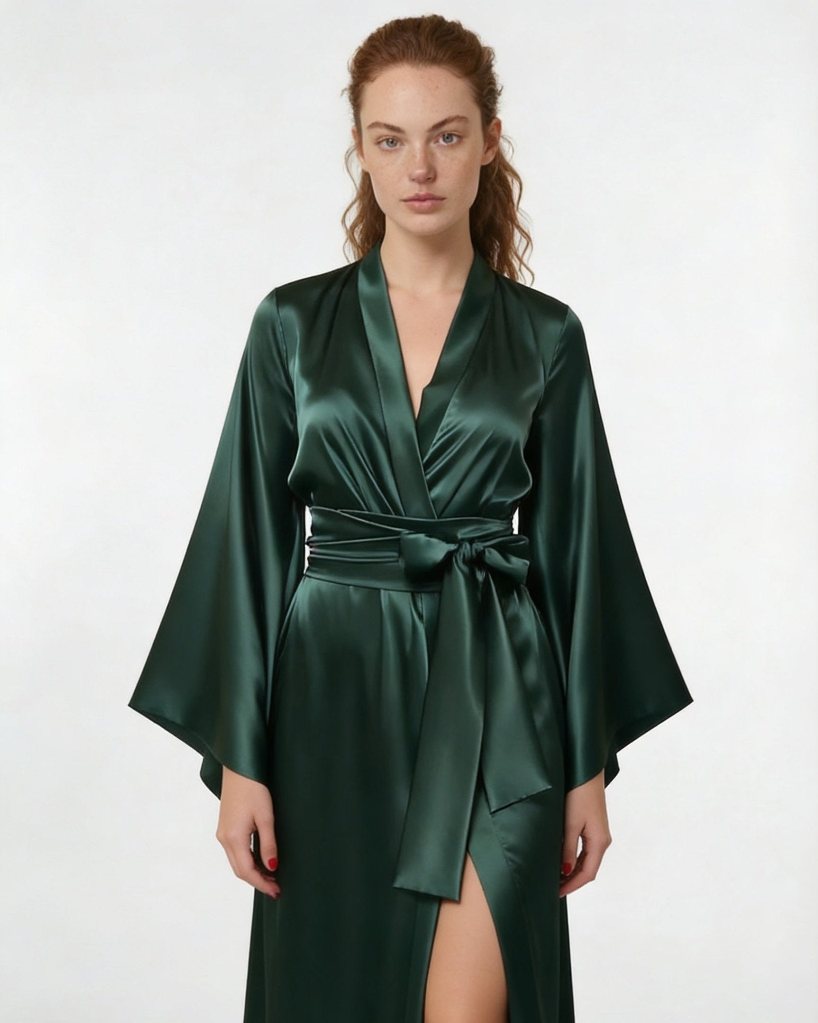 Dark Green Satin Wrap Kimono Robe With Sash - MARELIA