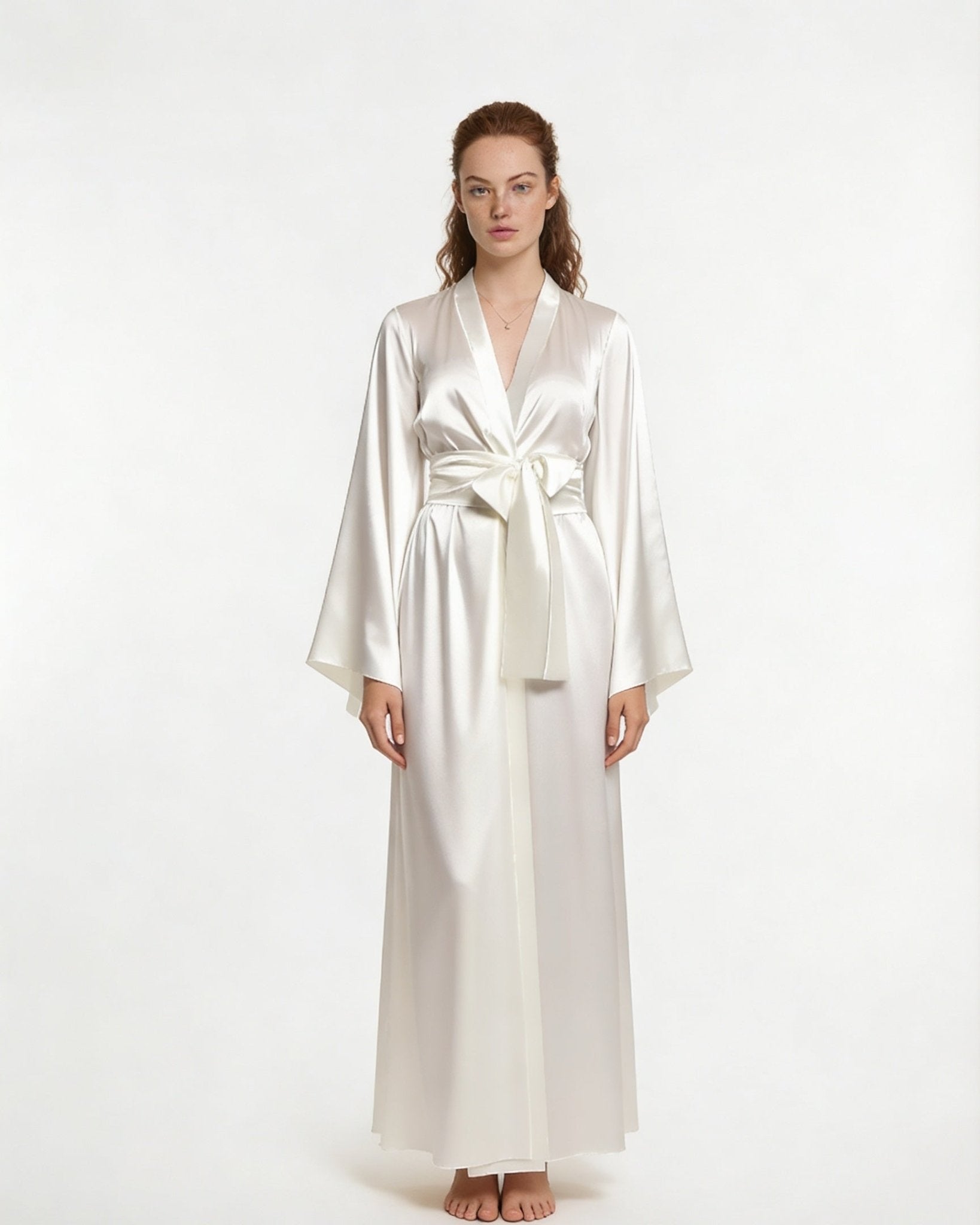 White Satin Wrap Kimono Robe With Sash - MARELIA