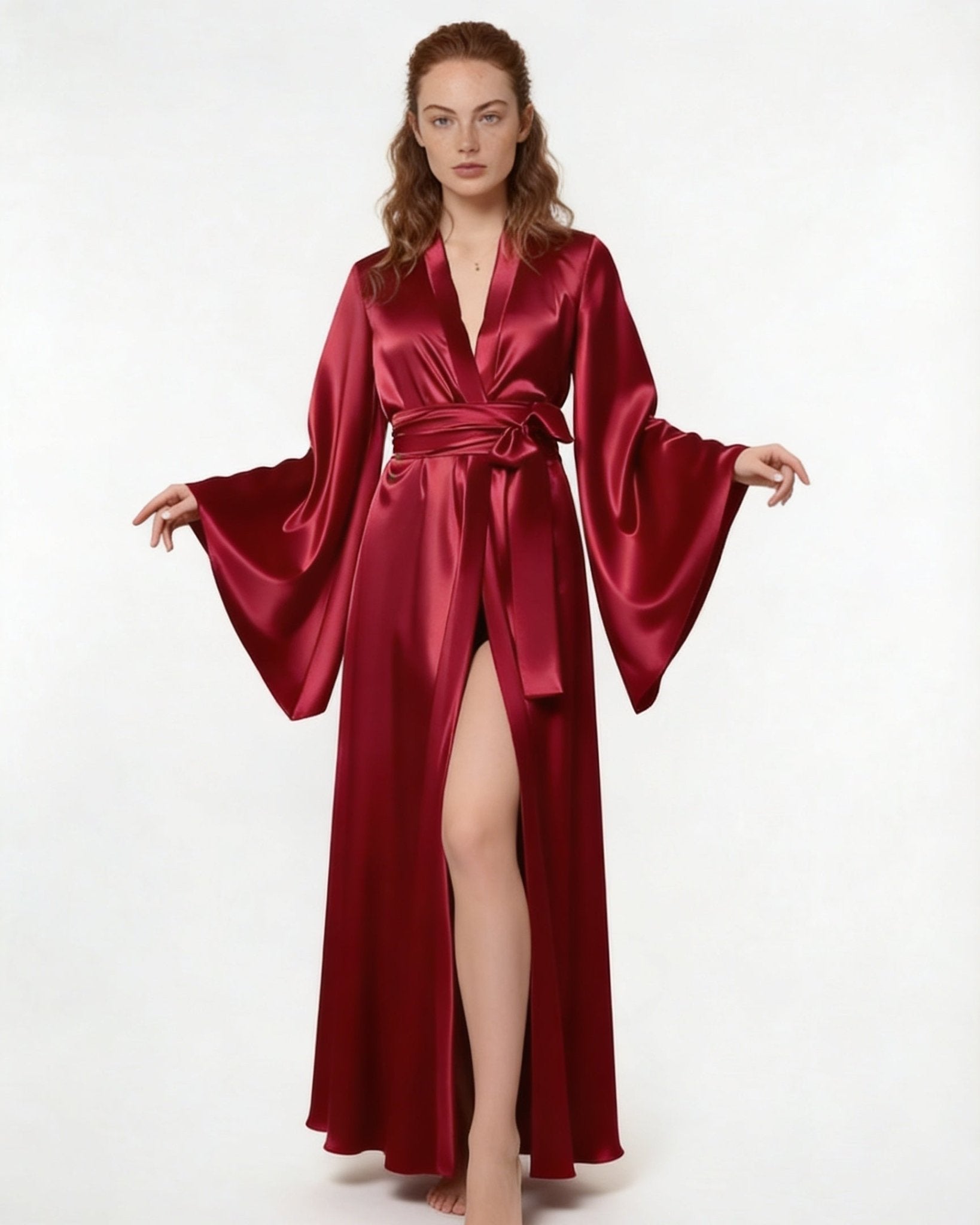 Burgundy Satin Wrap Kimono Robe With Sash - MARELIA