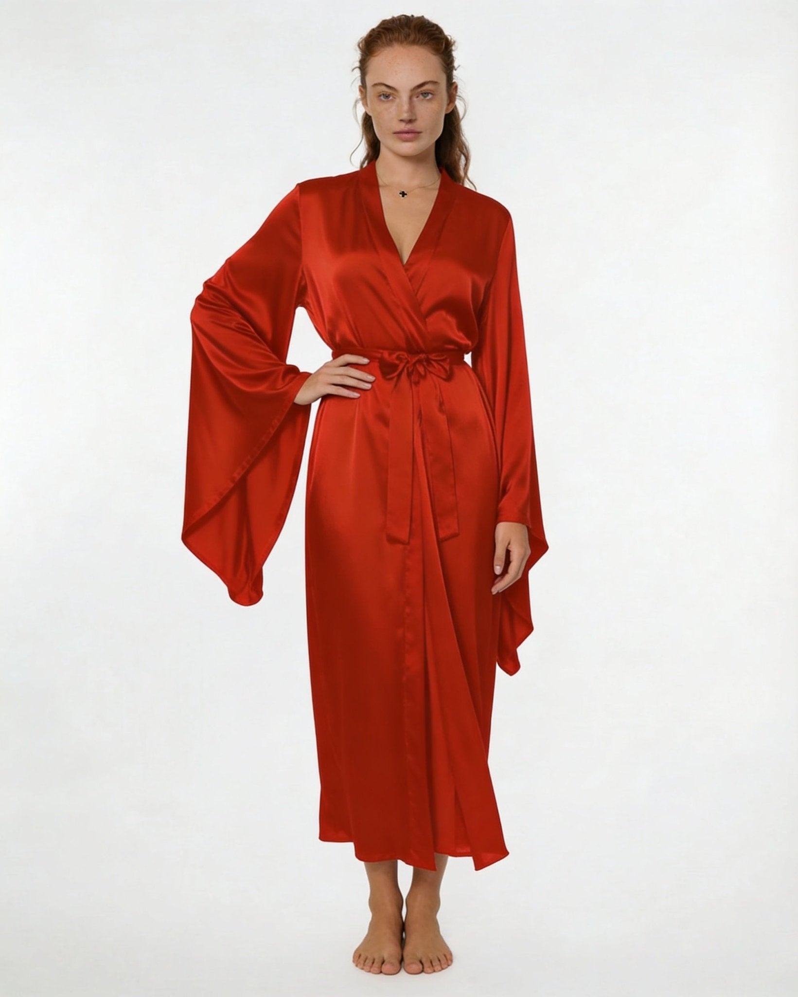 Red Satin Wrap Kimono Robe With Sash - MARELIA