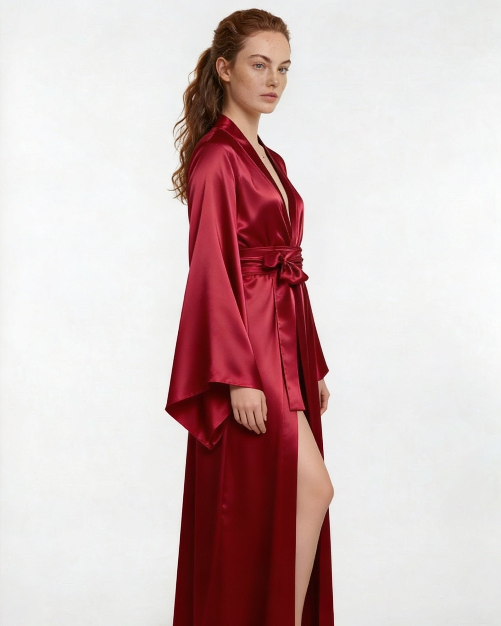 Burgundy Satin Wrap Kimono Robe With Sash - MARELIA