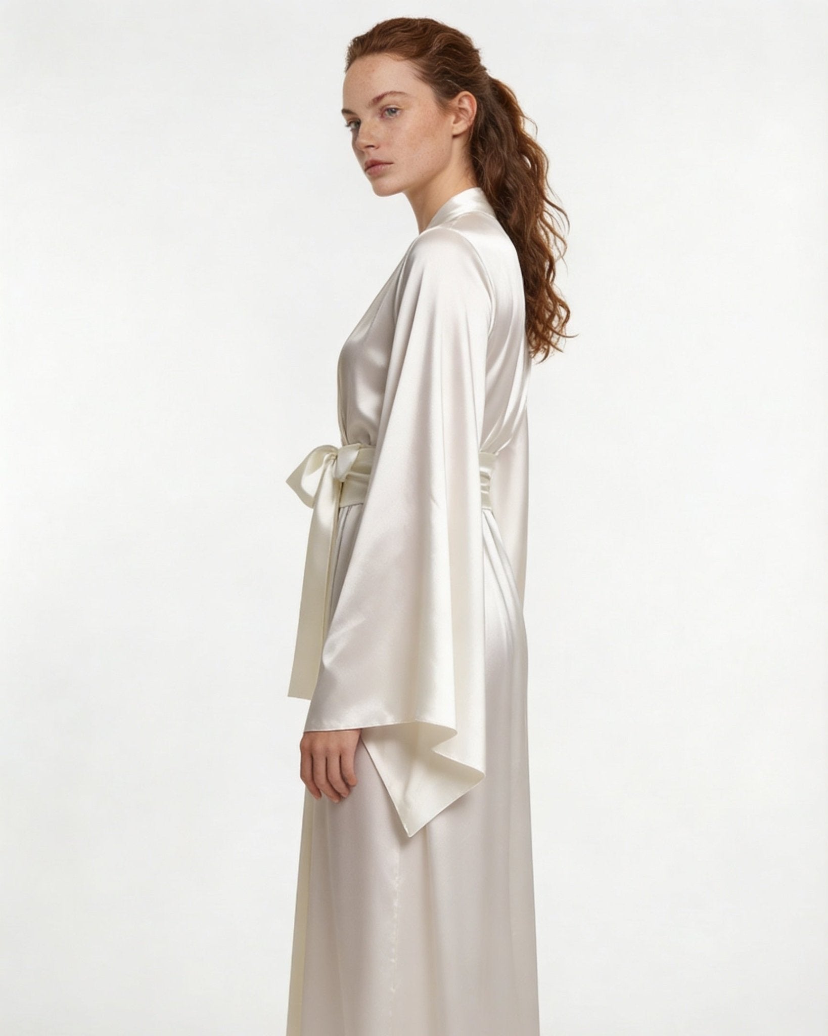 White Satin Wrap Kimono Robe With Sash - MARELIA