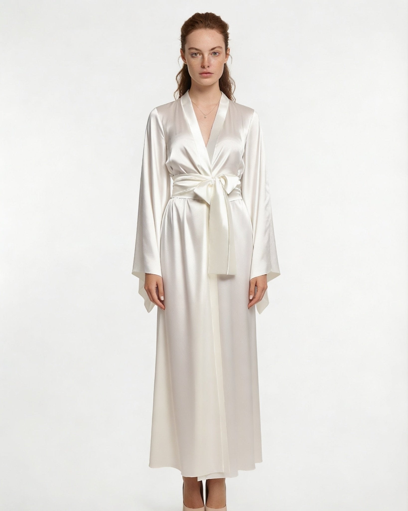 White Satin Wrap Kimono Robe With Sash - MARELIA