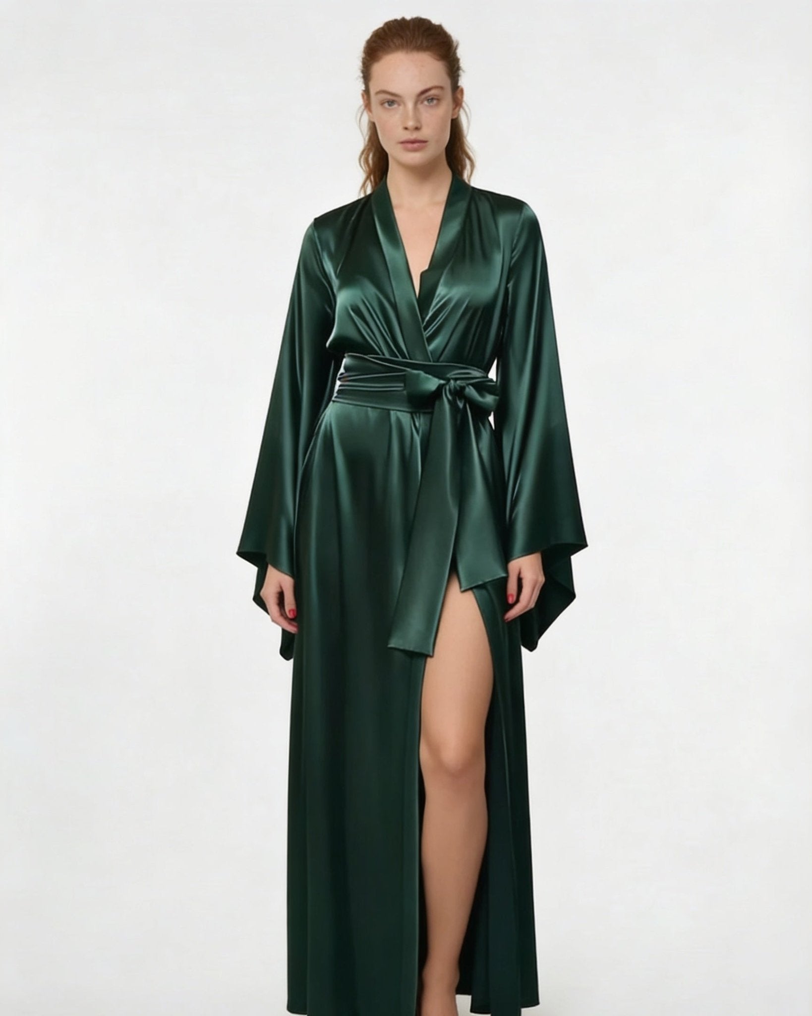 Dark Green Satin Wrap Kimono Robe With Sash - MARELIA