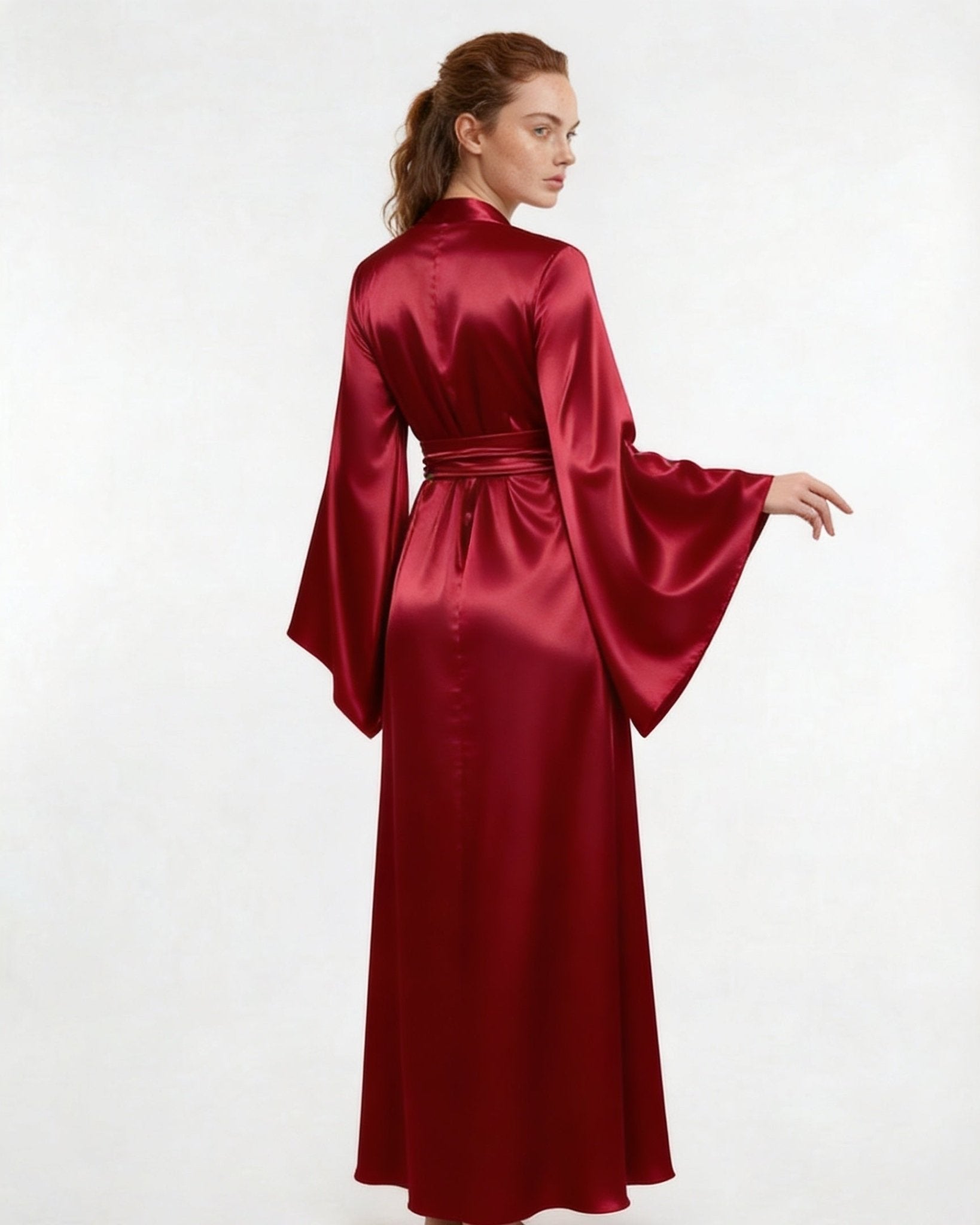Burgundy Satin Wrap Kimono Robe With Sash - MARELIA