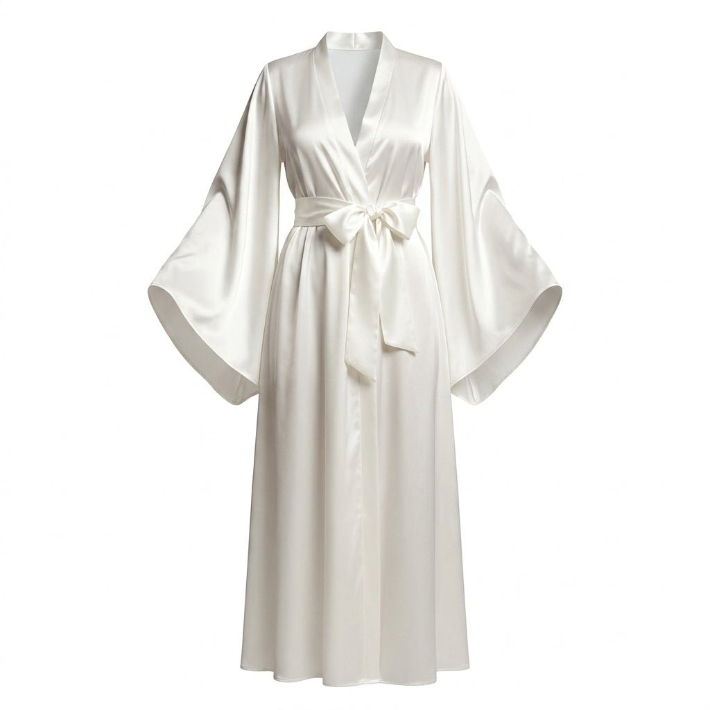 White Satin Wrap Kimono Robe With Sash - MARELIA