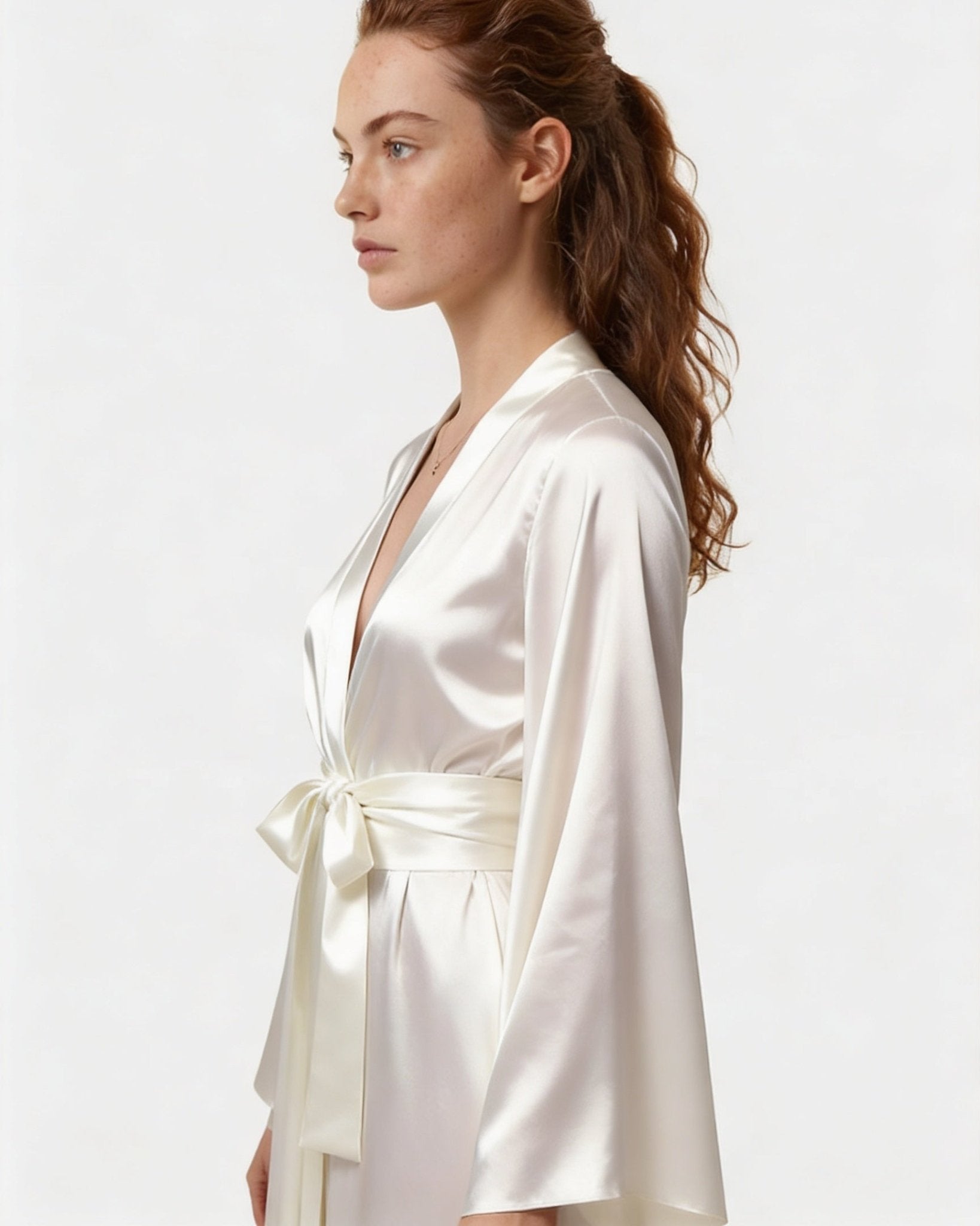 White Satin Wrap Kimono Robe With Sash - MARELIA