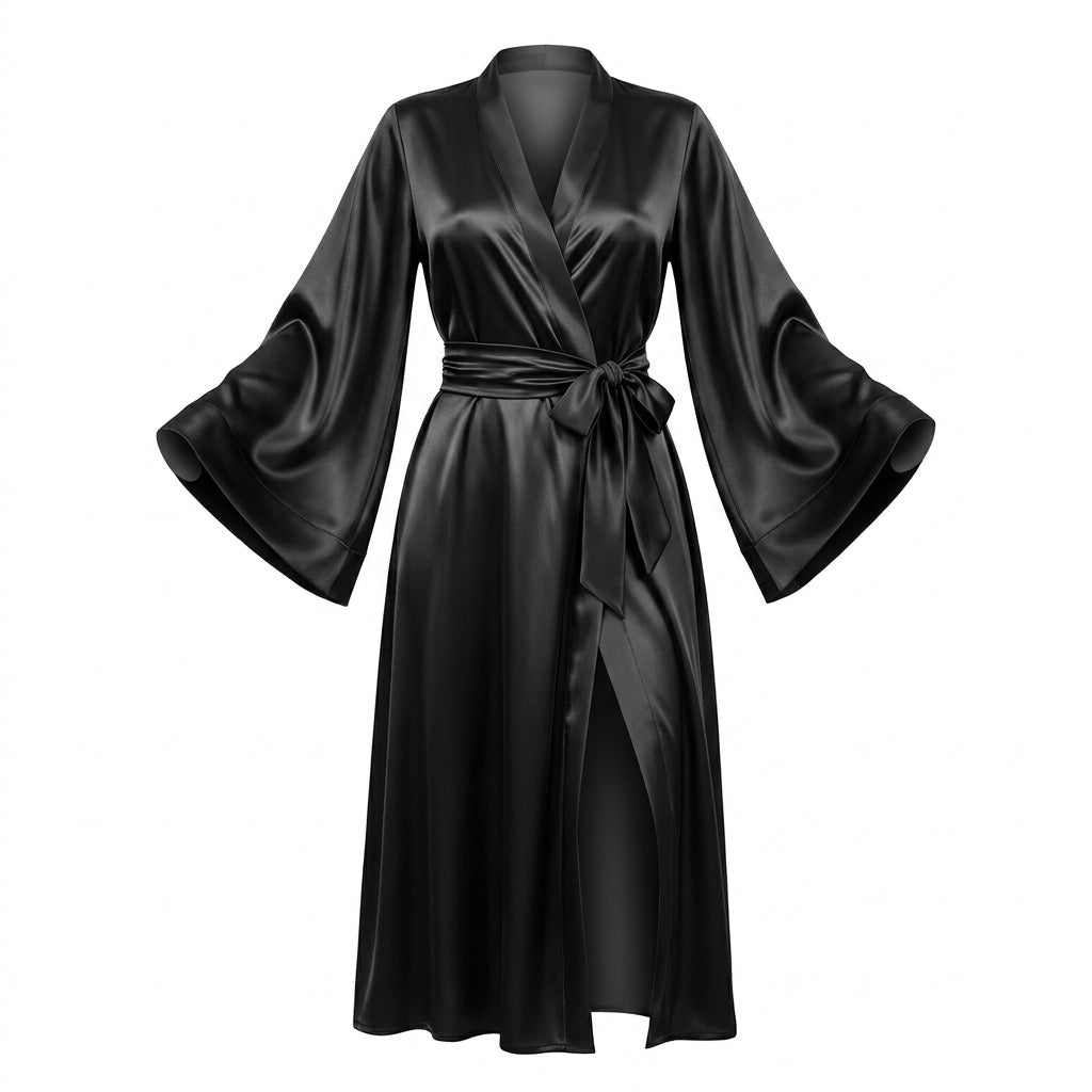 Black Satin Wrap Kimono Robe With Sash - MARELIA