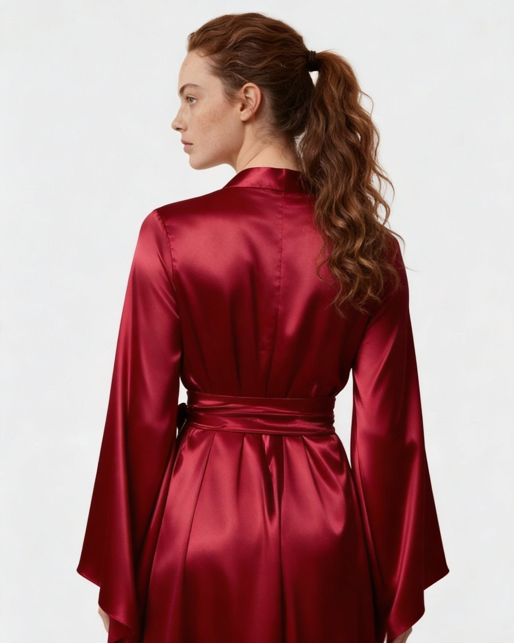 Burgundy Satin Wrap Kimono Robe With Sash - MARELIA