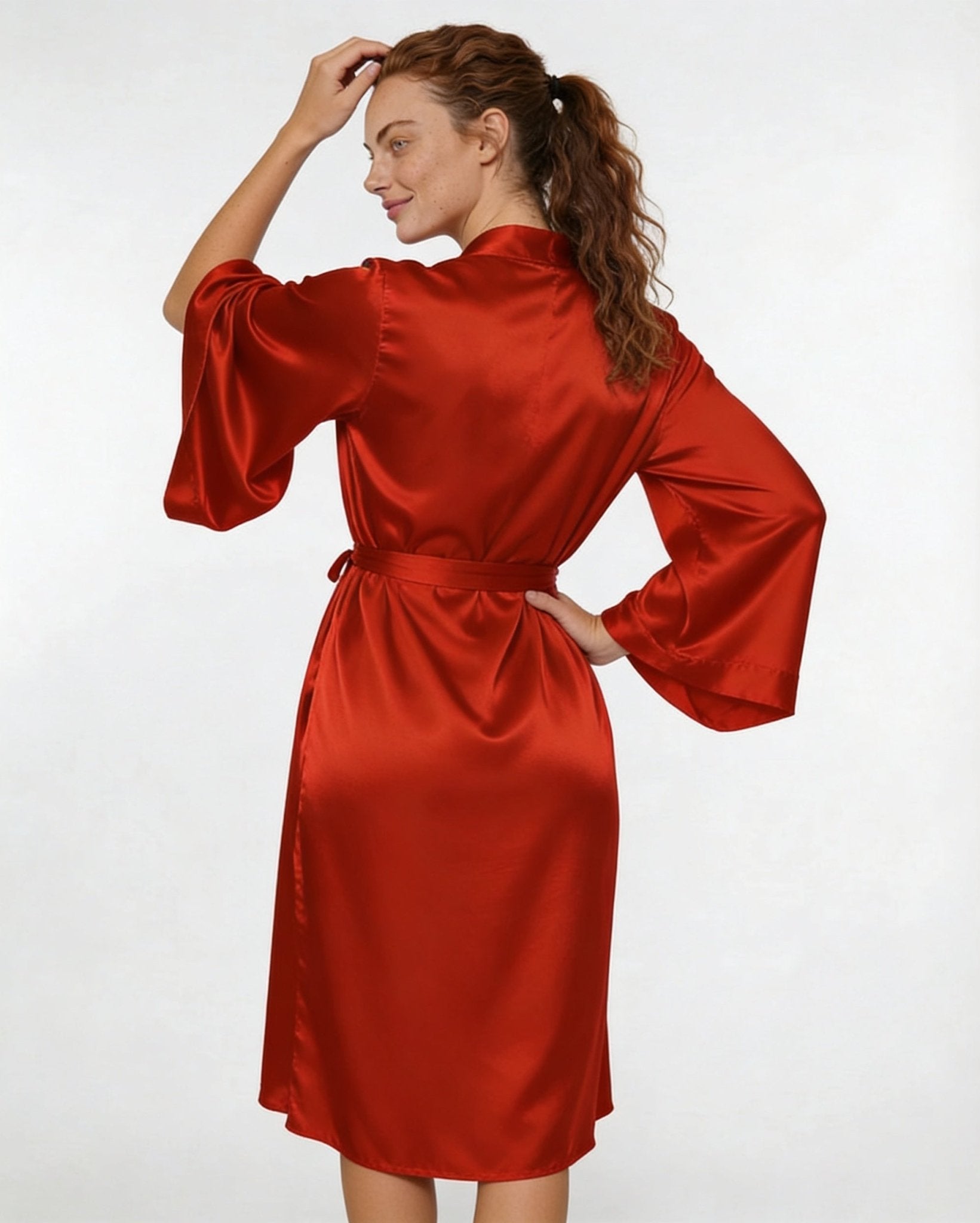 Red Satin Wrap Kimono Robe With Sash - MARELIA