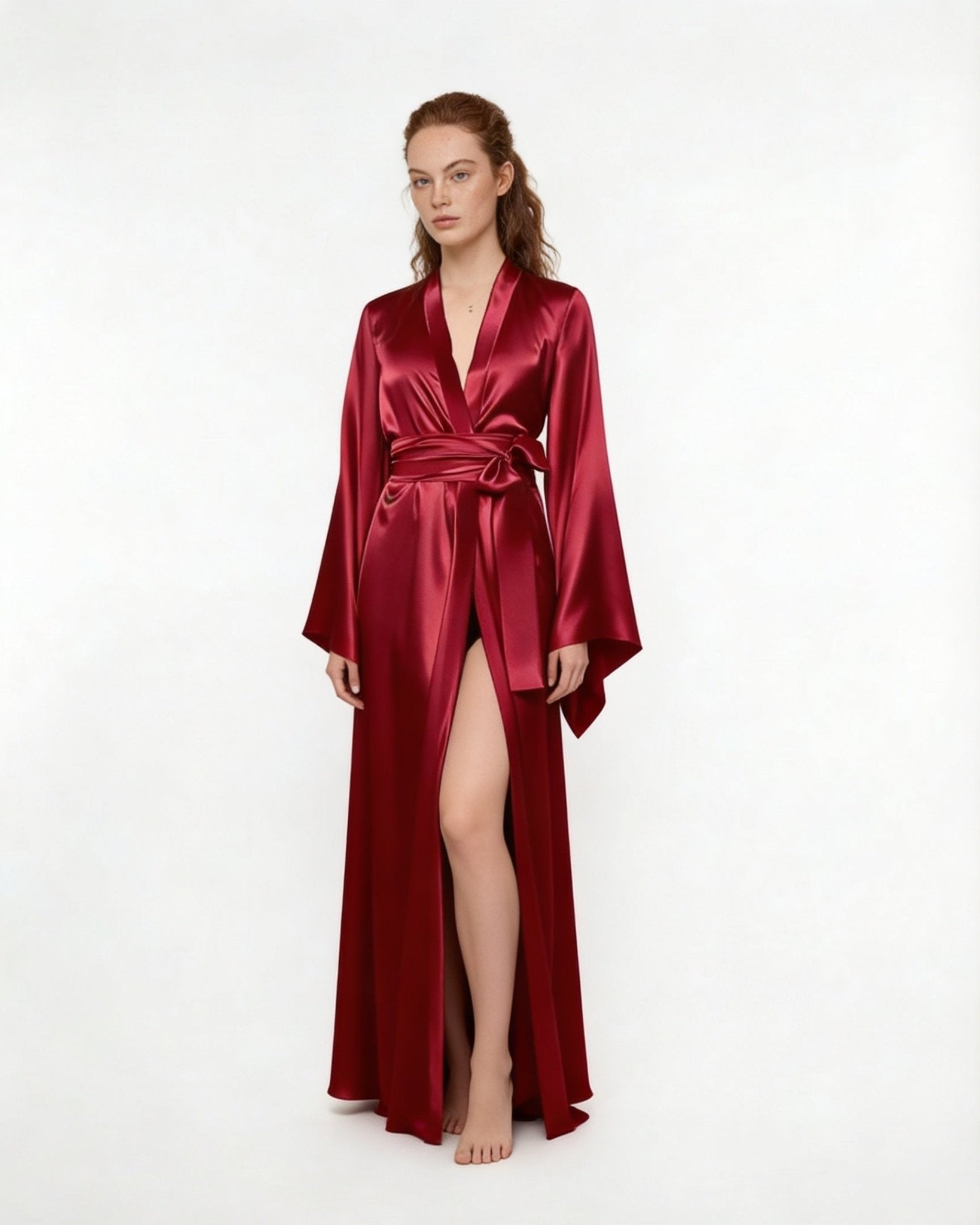 Burgundy Satin Wrap Kimono Robe With Sash - MARELIA