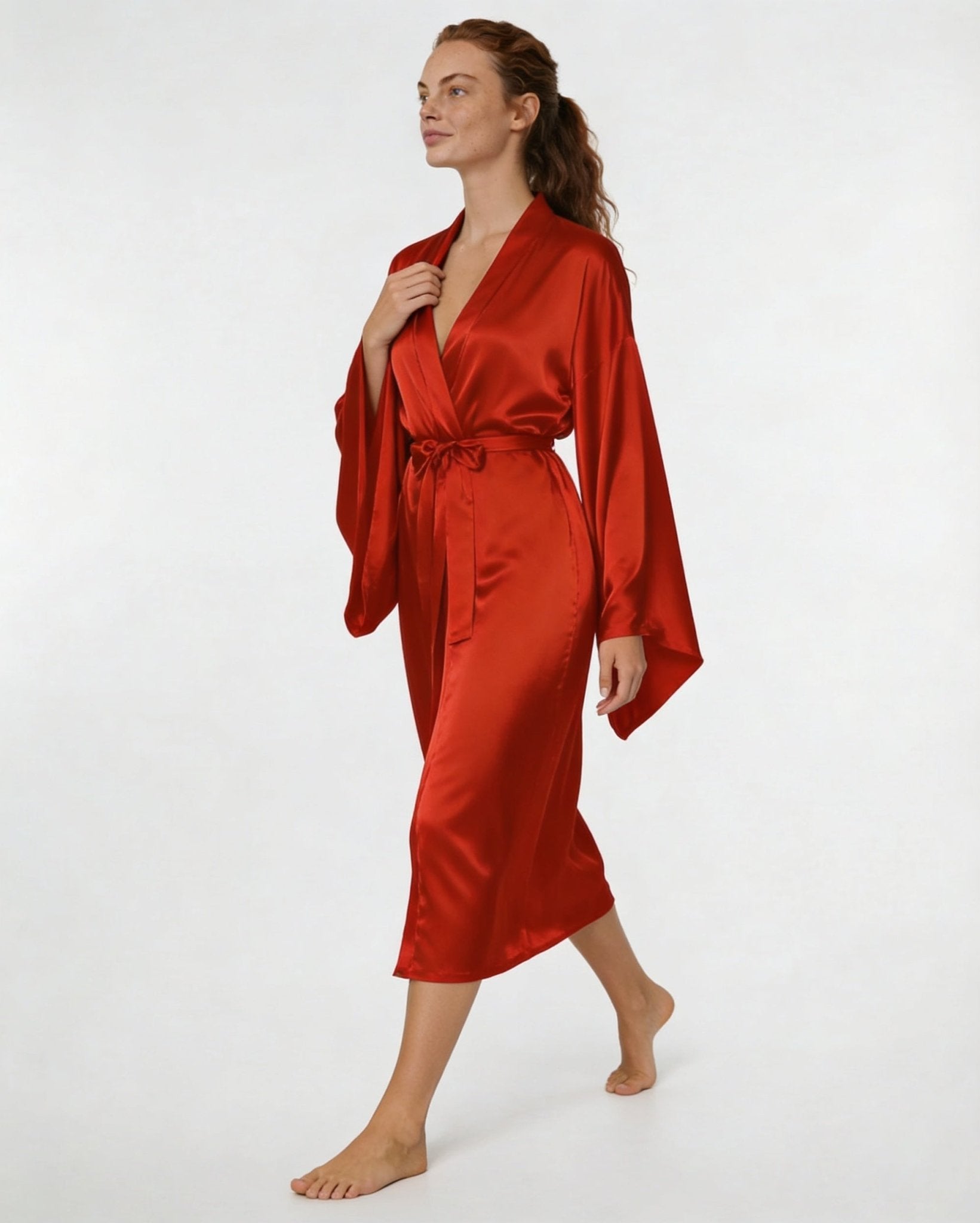 Red Satin Wrap Kimono Robe With Sash - MARELIA