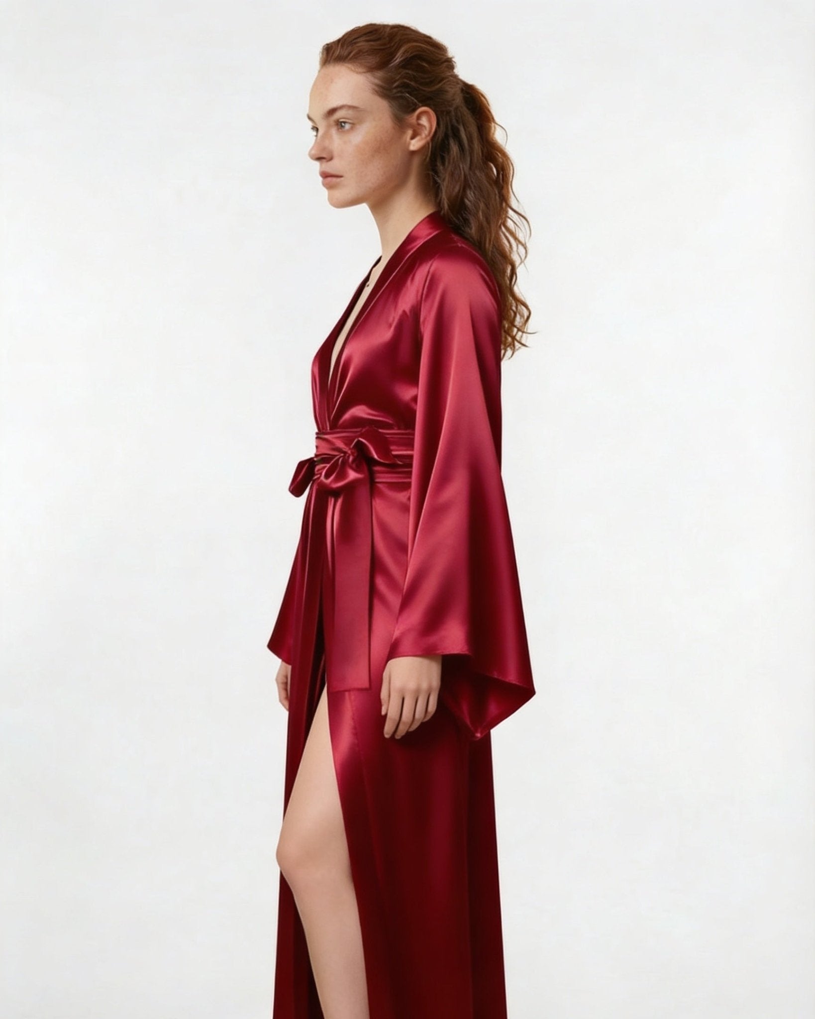 Burgundy Satin Wrap Kimono Robe With Sash - MARELIA