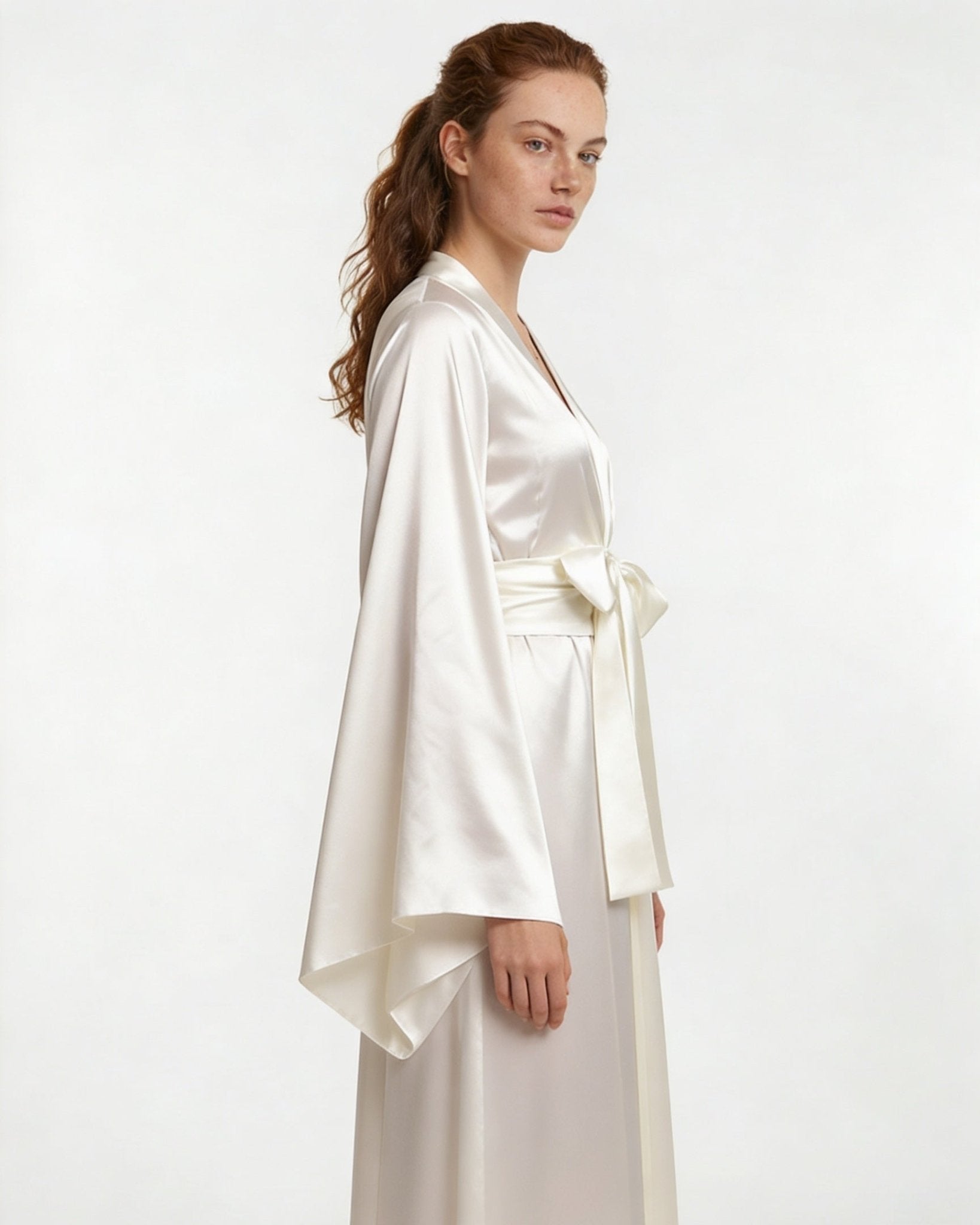 White Satin Wrap Kimono Robe With Sash - MARELIA