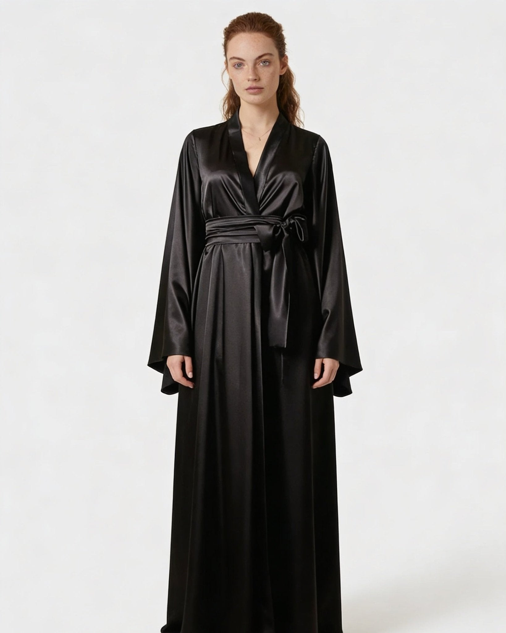 Black Satin Wrap Kimono Robe With Sash - MARELIA