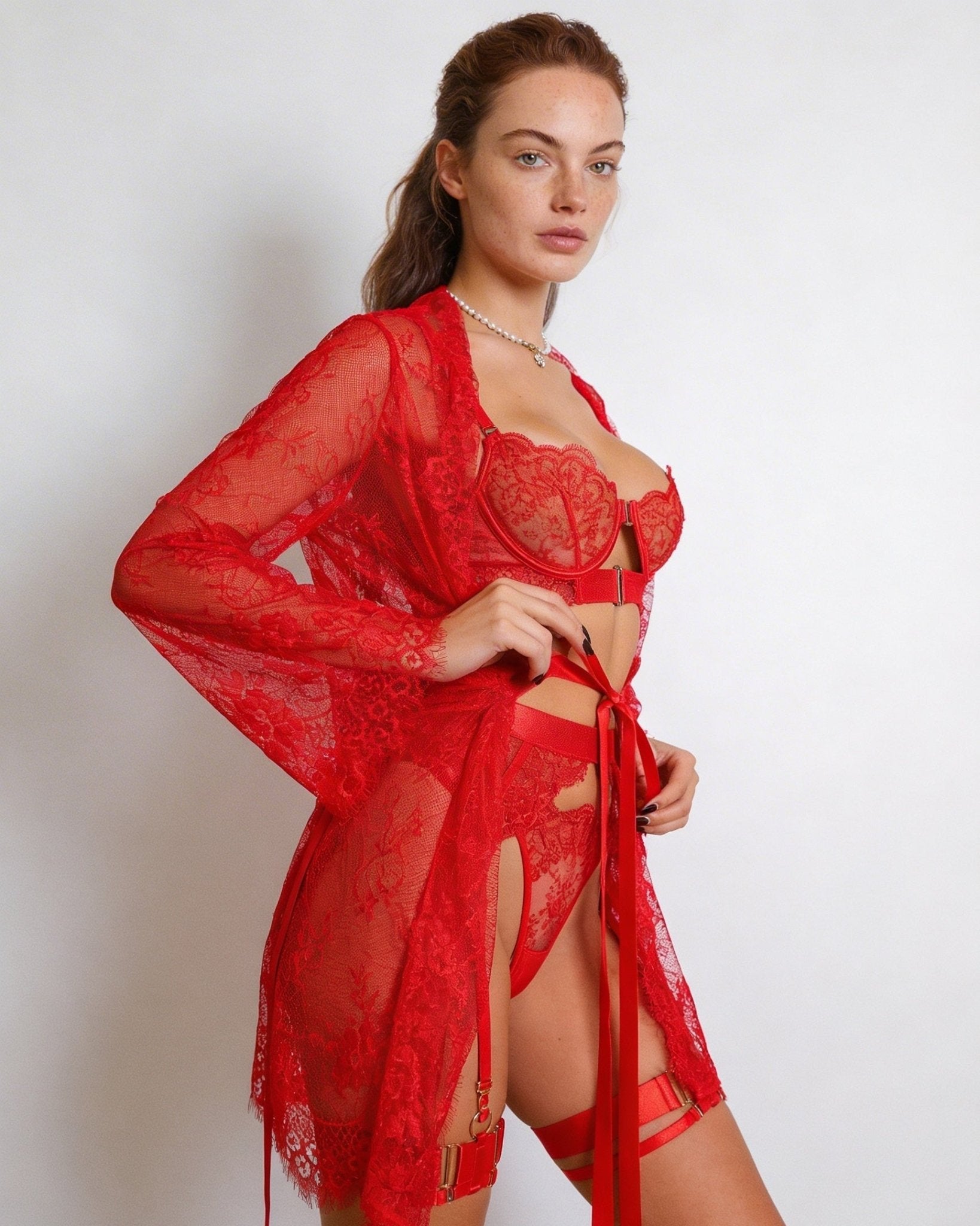 Red Scalloped Lace Kimono Robe With Satin Belt - MARELIA