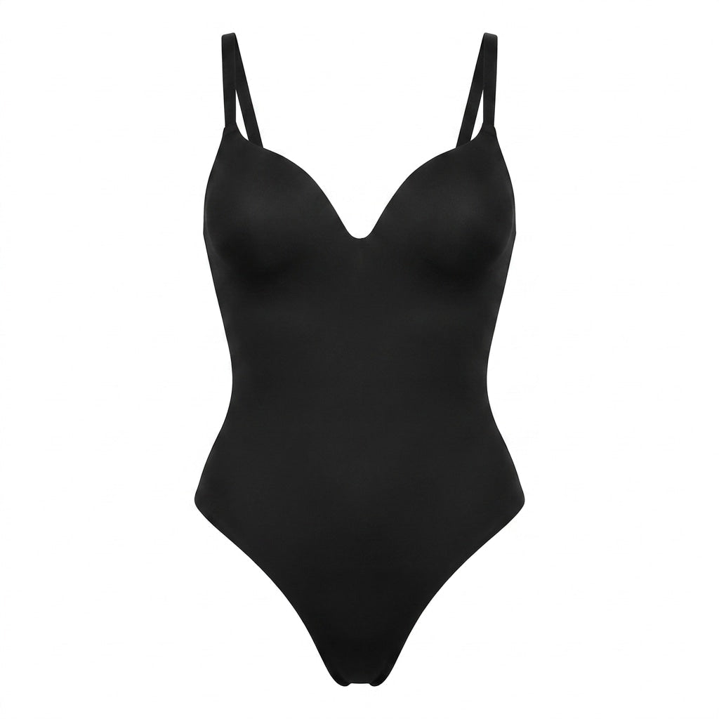 Black Seamless Plunge Bodysuit - MARELIA