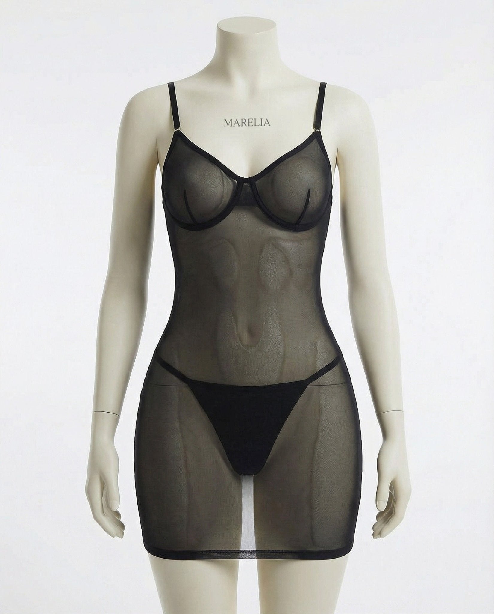 Black see through mesh chemise with thong