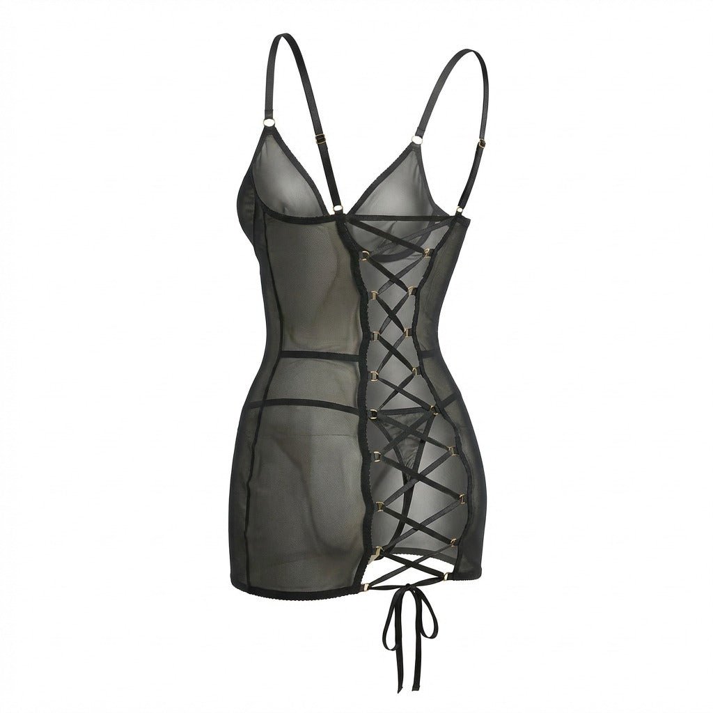 Black see through mesh chemise with thong