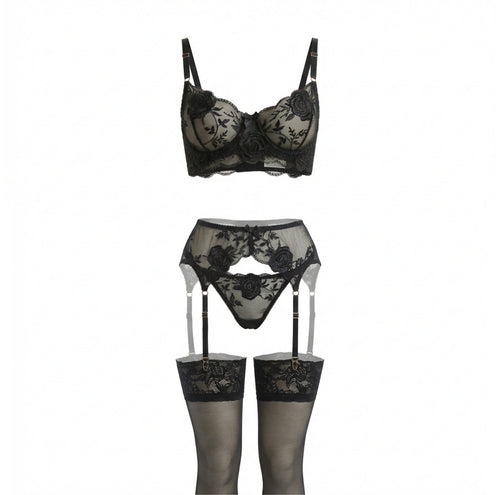 Black Sheer Floral Lace Bra Brief And Suspender Belt Set - Marelia