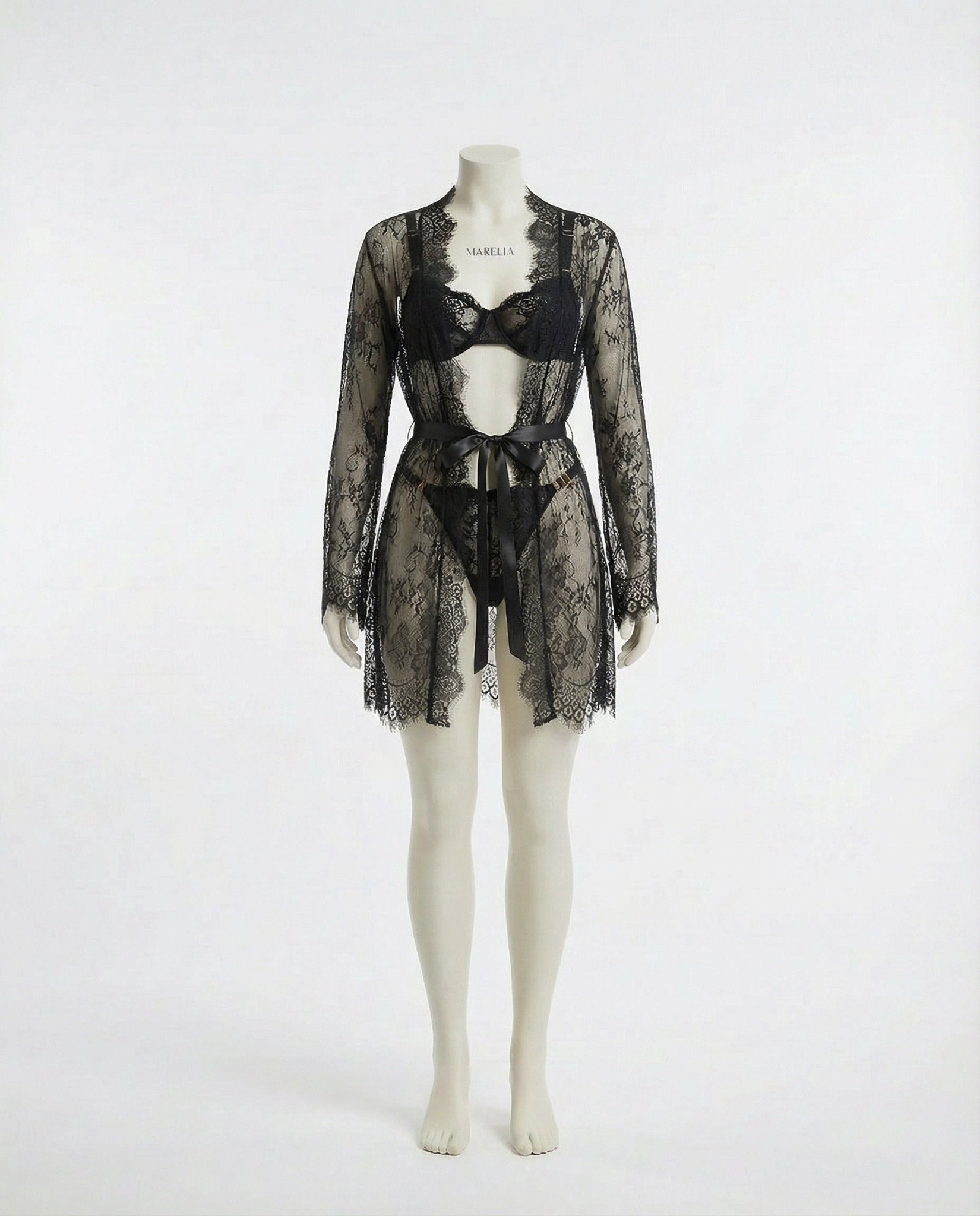 Black Sheer Floral Lace Kimono Robe - MARELIA