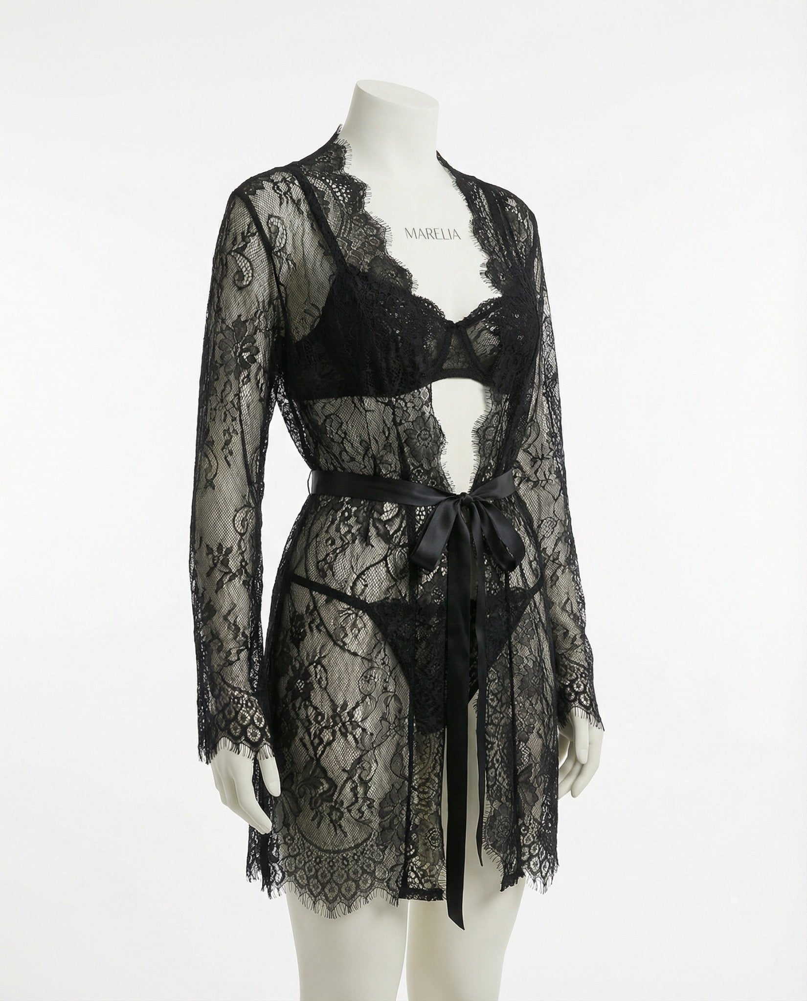 Black Sheer Floral Lace Kimono Robe - MARELIA