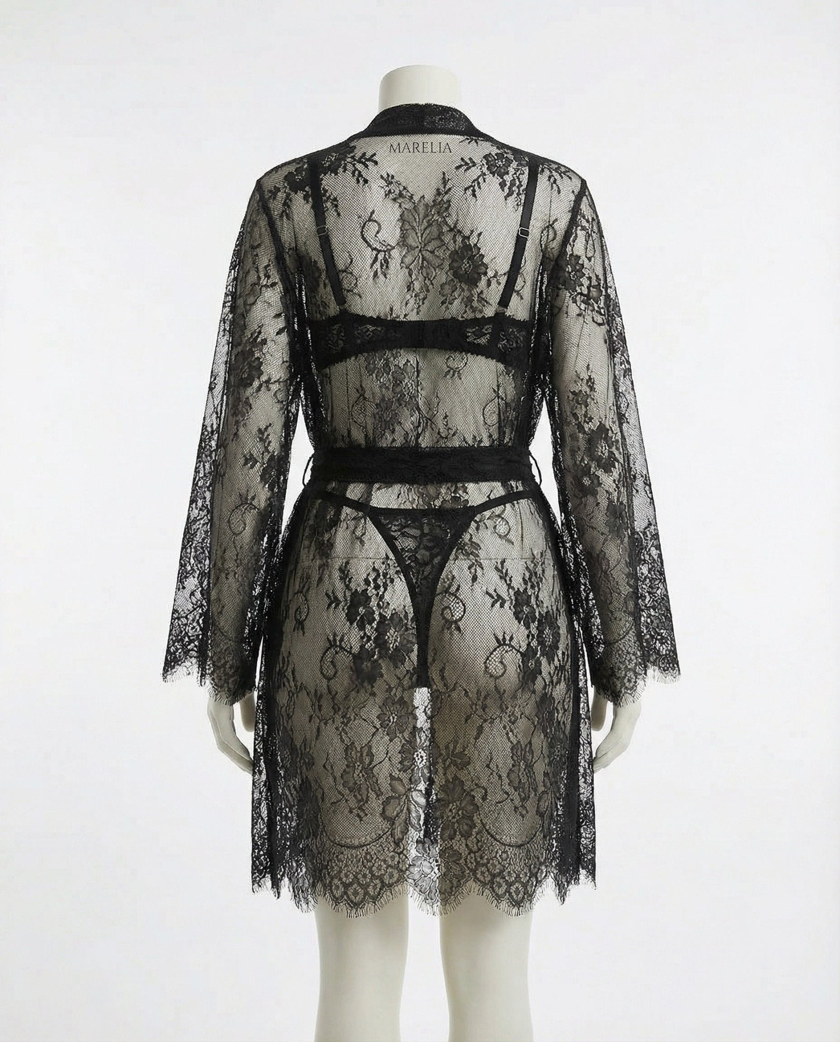 Black Sheer Floral Lace Kimono Robe - MARELIA